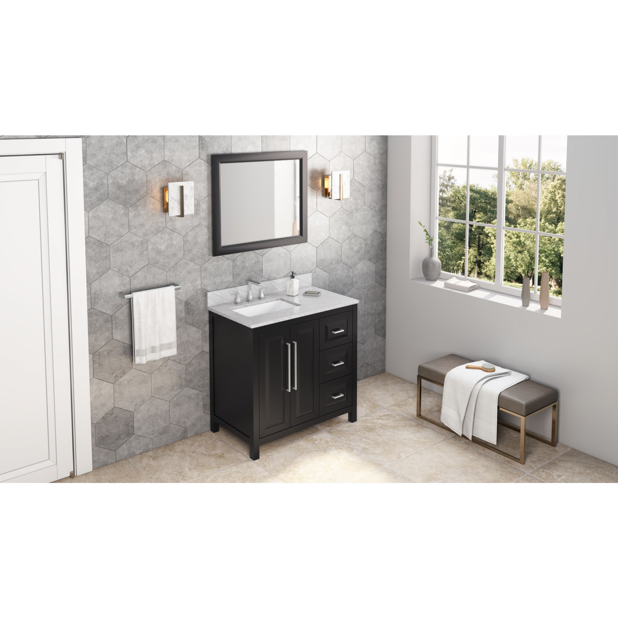 JEFFREY ALEXANDER VKITCAD36BKWCR 36″ Black Cade Vanity, left offset, White Carrara Marble Vanity Top, undermount rectangle bowl – Black