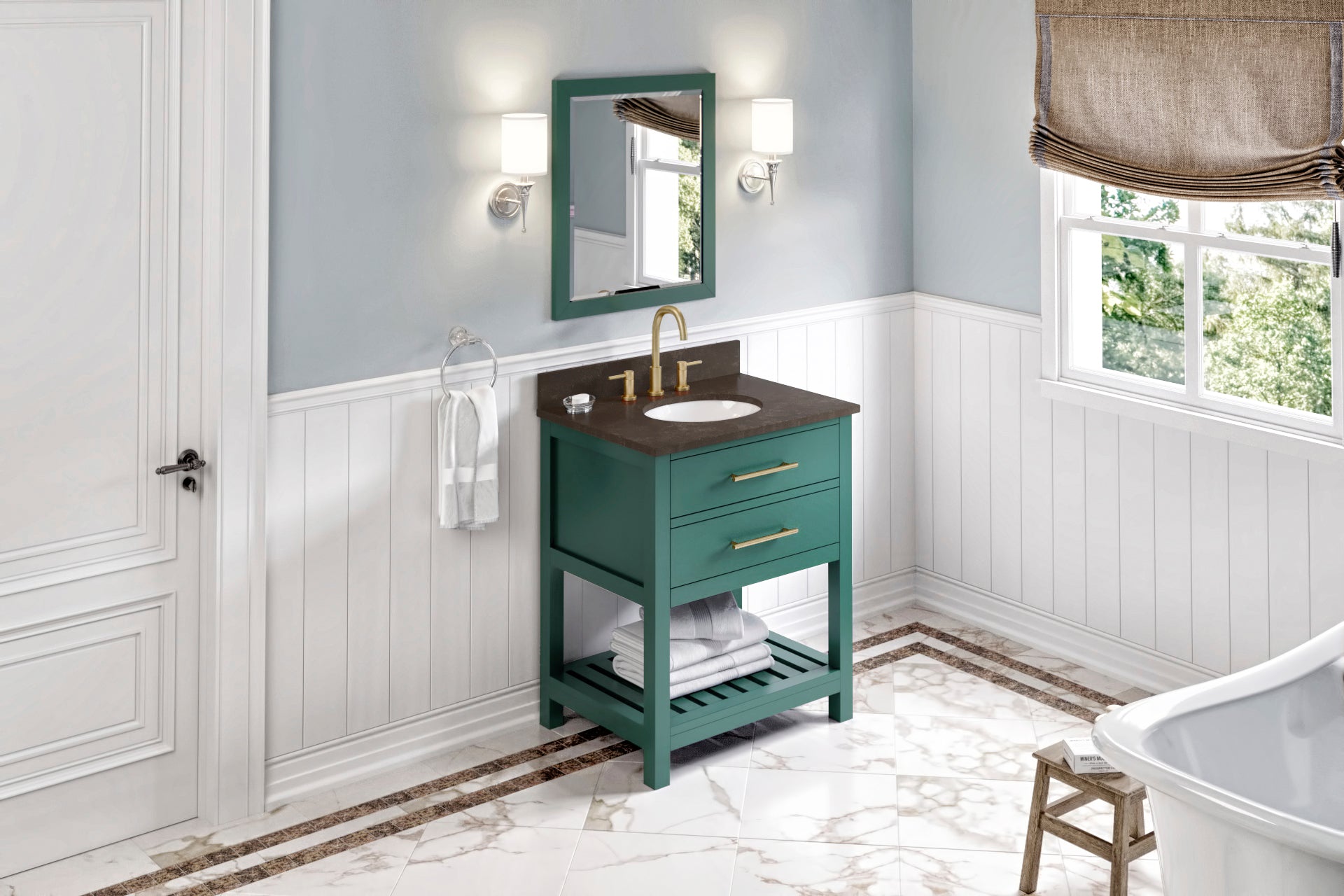 JEFFREY ALEXANDER VKITWAV30GNLSO 30″ Forest Green Wavecrest Vanity, Blue Limestone Vanity Top, undermount oval bowl