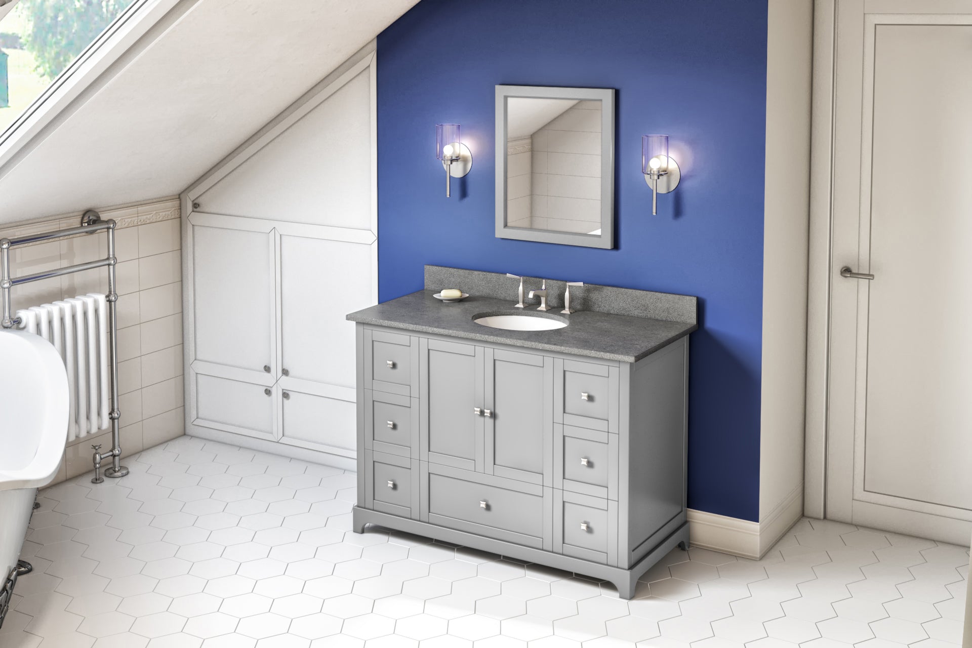 JEFFREY ALEXANDER VKITADD48GRSGO 48″ Grey Addington Vanity, Steel Grey Cultured Marble Vanity Top, undermount oval bowl