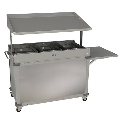 Cadco CBC-GG-B3 – Grab & Go Merchandising Cart, large shelf on top, (3) pan holders, stainless steel