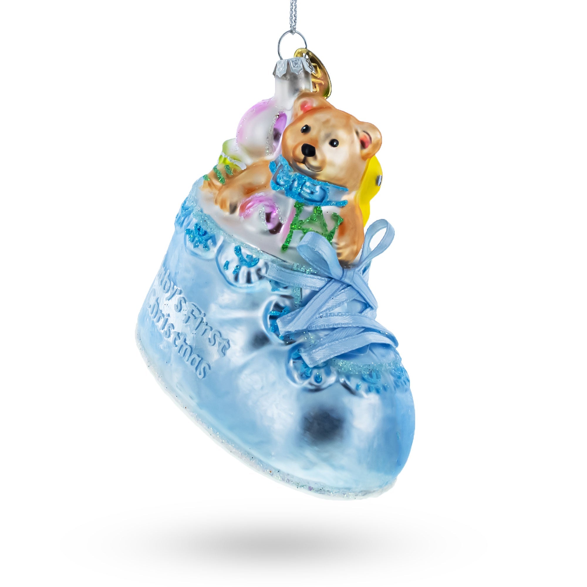 Teddy Bear Nestled In A Blue Shoe For Baby’s First – Blown Glass Christmas Ornament