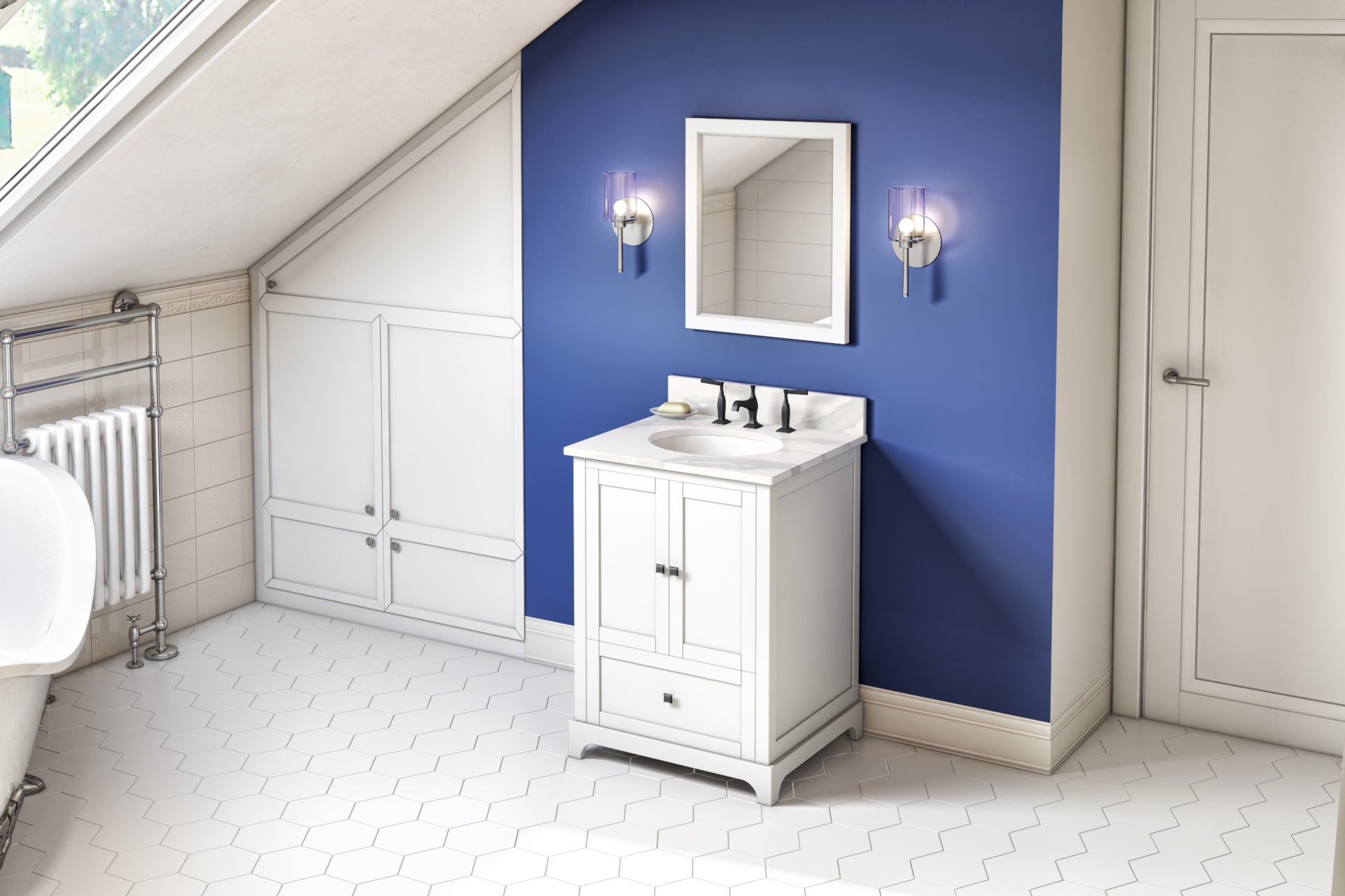 JEFFREY ALEXANDER VKITADD24WHCQO 24″ White Addington Vanity, Calacatta Vienna Quartz Vanity Top, undermount oval bowl