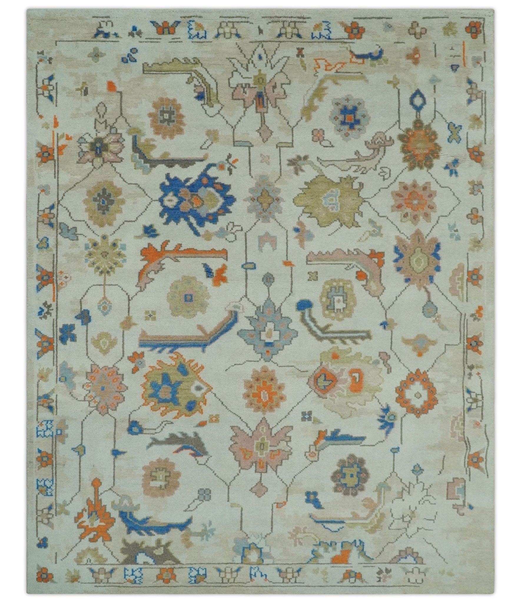 Colorful Ivory, Blue, Orange and Olive Hand Knotted Traditional Oriental Oushak Custom Made wool area Rug