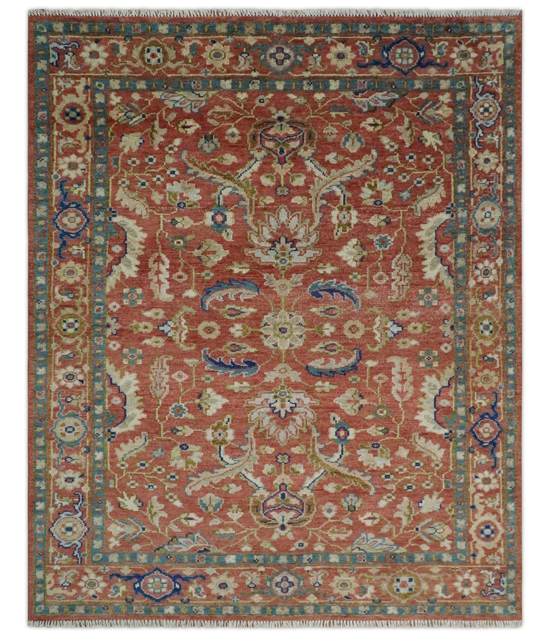 Custom Made Antique Floral Style Rust, Teal, Ivory and Olive Hand Knotted Oriental Oushak Wool Area Rug