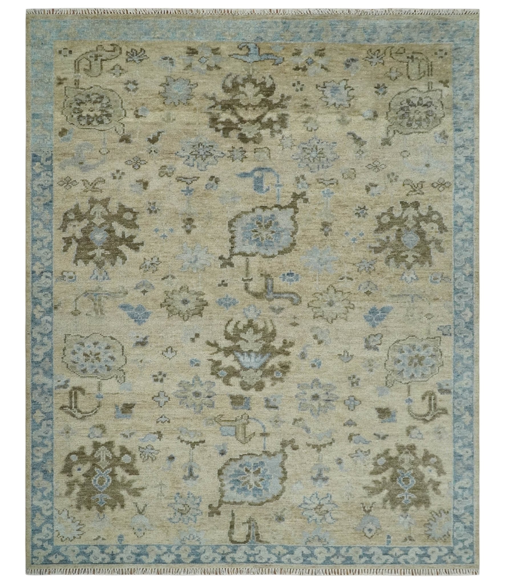 Custom Made Antique Style Beige and Blue Hand knotted Oushak wool Area Rug