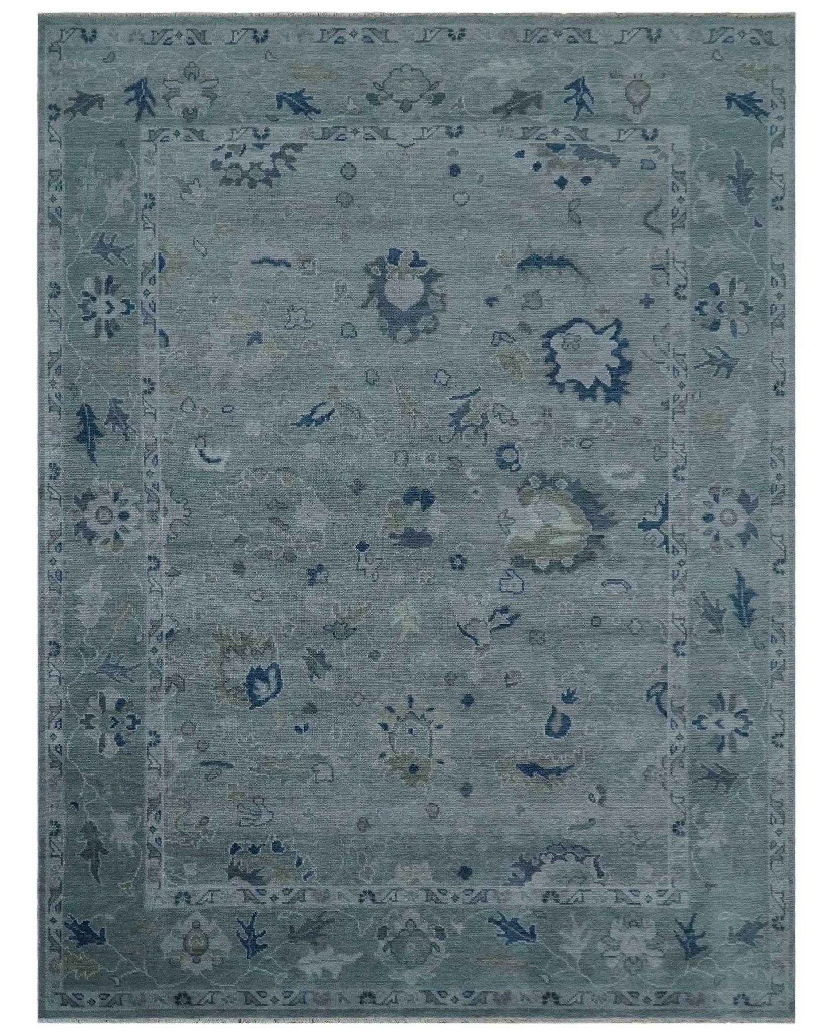 Custom made Antique style Blue and Silver Hand Knotted Oushak Wool Area Rug