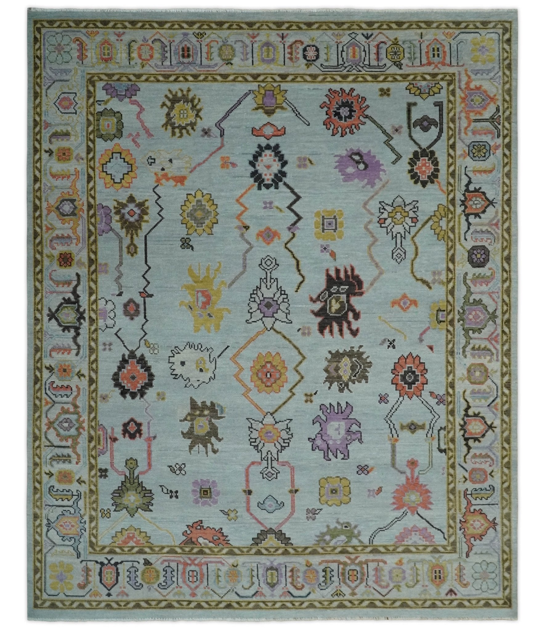 Custom Made Aqua and Green Hand knotted Traditional Oushak wool area Rug