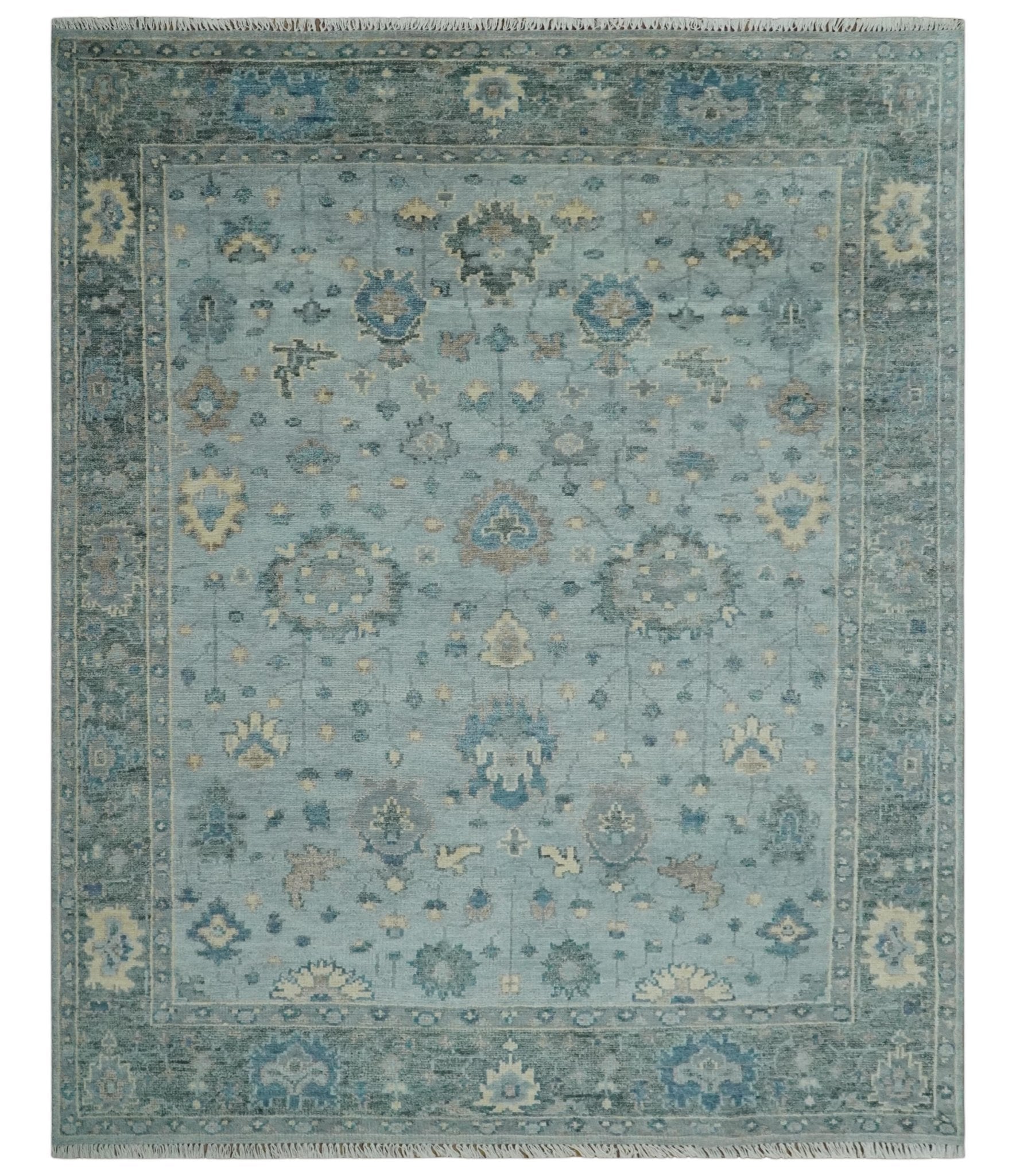 Custom Made Blue and Green Hand knotted traditional Oushak wool Area Rug