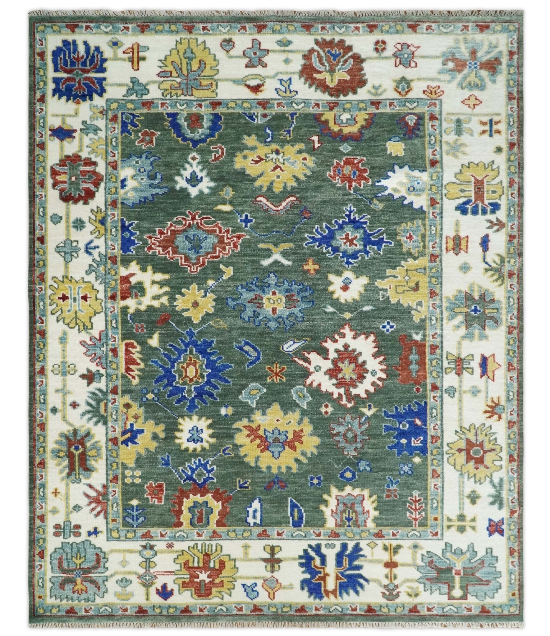 Custom Made Green and Ivory Colorful Hand knotted Traditional Oushak wool Area Rug