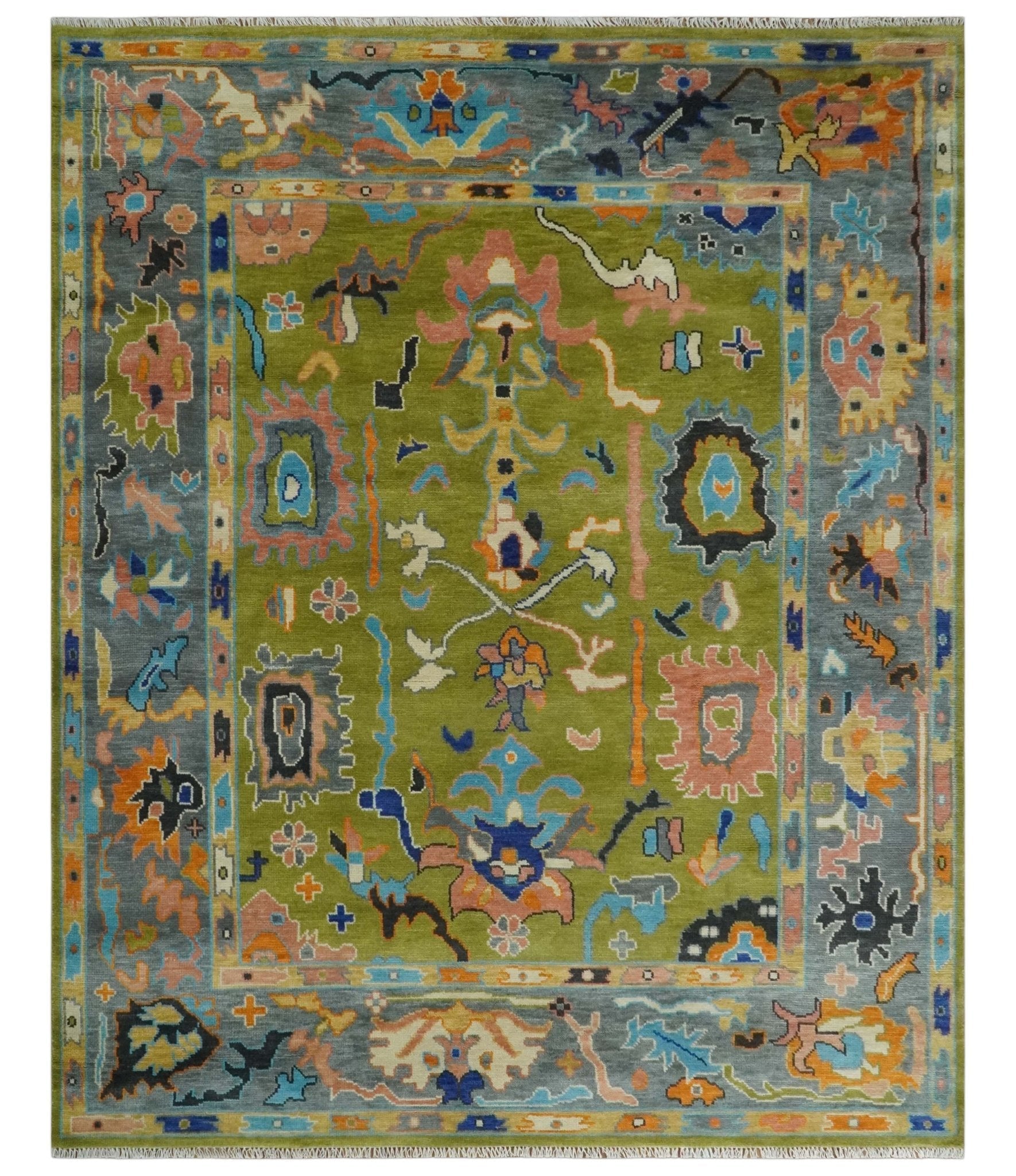 Custom Made Green, Gray and Peach Colorful Hand knotted Traditional Oushak wool Area Rug