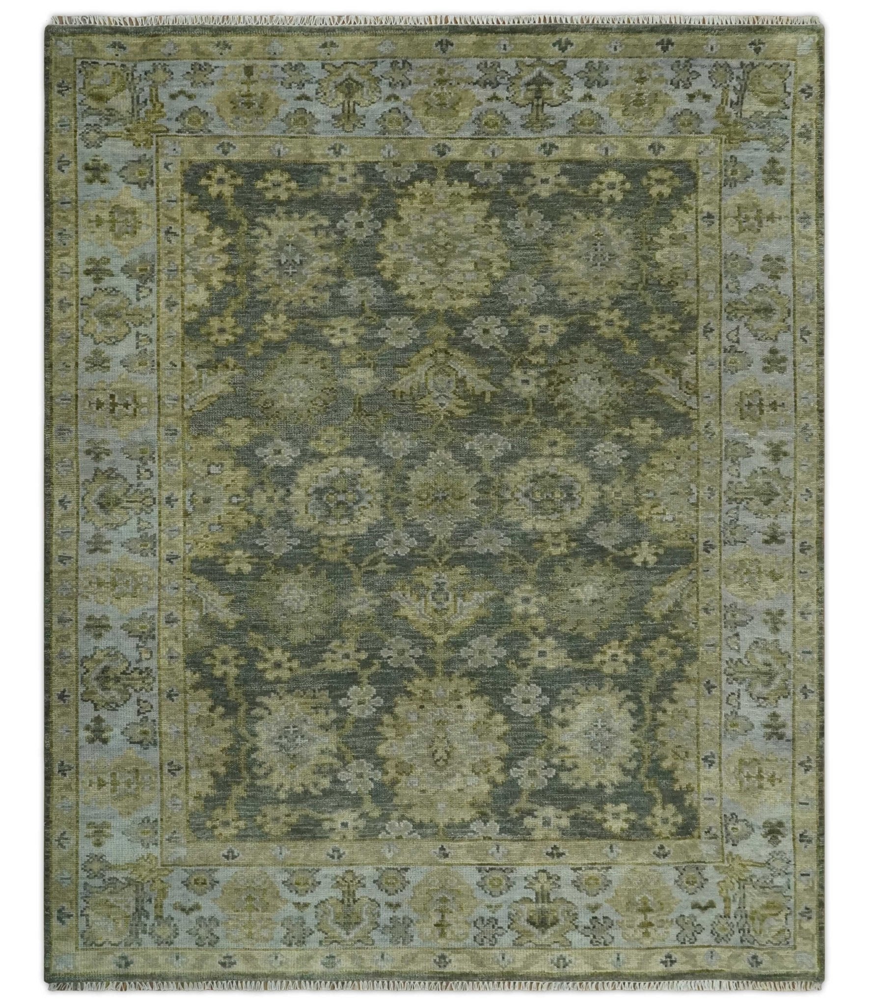 Custom Made Green, Silver and Olive Hand knotted Traditional Oushak Wool Area Rug