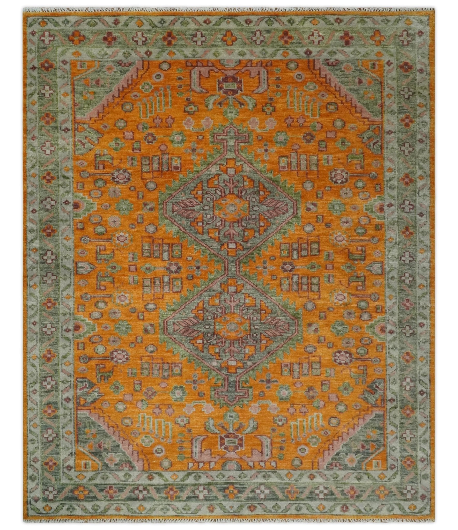 Custom Made Hand Knotted Carrot Red and Silver Oriental Traditional Wool Area Rug