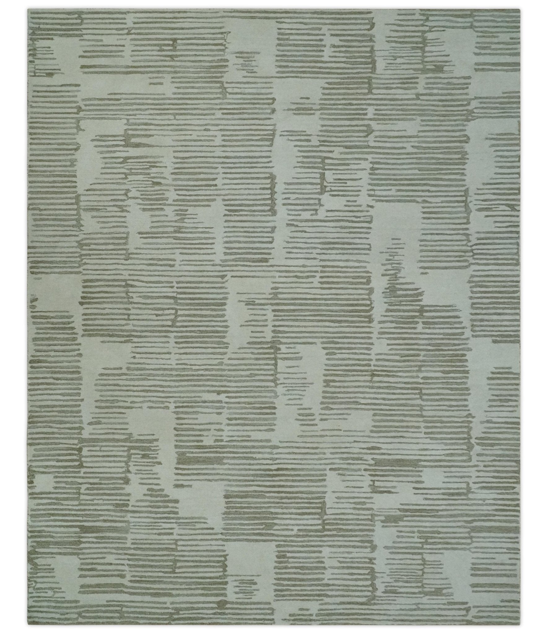 Custom Made Ivory and Olive Modern Stripes Design Hand Tufted wool Area Rug, Kids, Living Room and Bedroom Rug