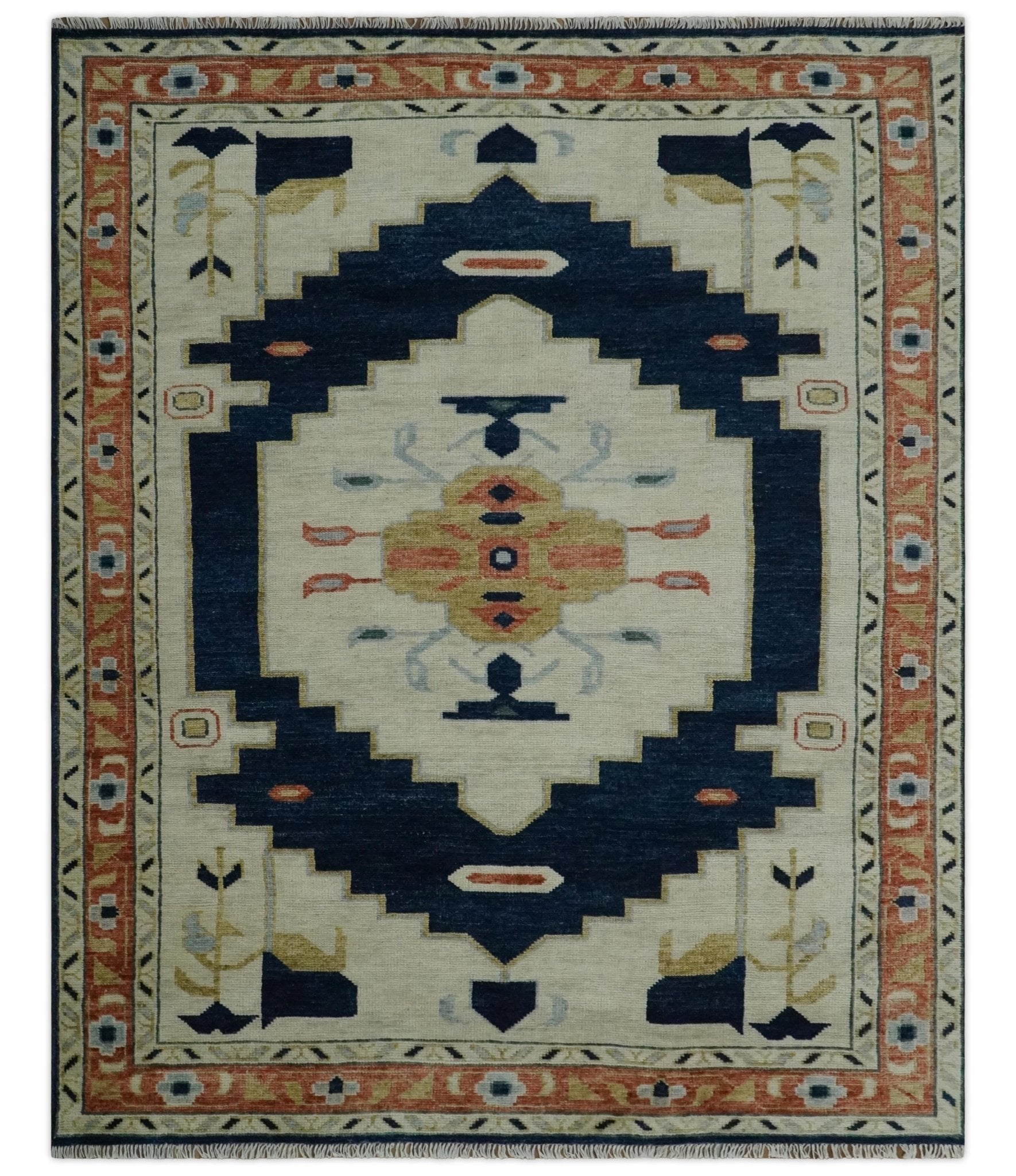 Custom Made Ivory, Blue, Beige and Rust Hand Knotted Traditional Heriz Wool Area Rug