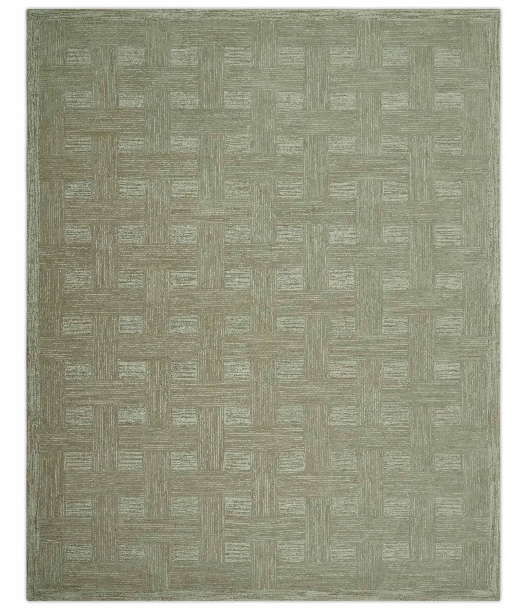 Custom Made Olive and Ivory Modern Geometrical Hand Tufted wool rug