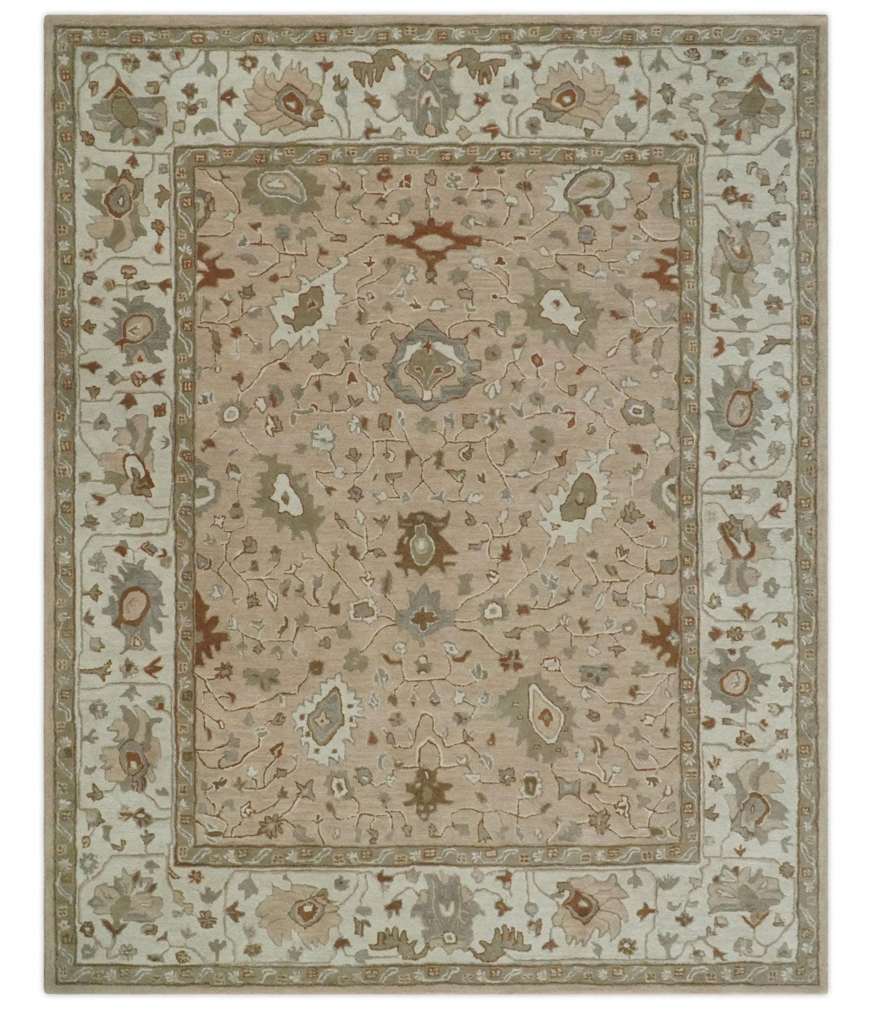 Custom Made Oushak Design Tufted Peach, Ivory and Olive Traditional Rug