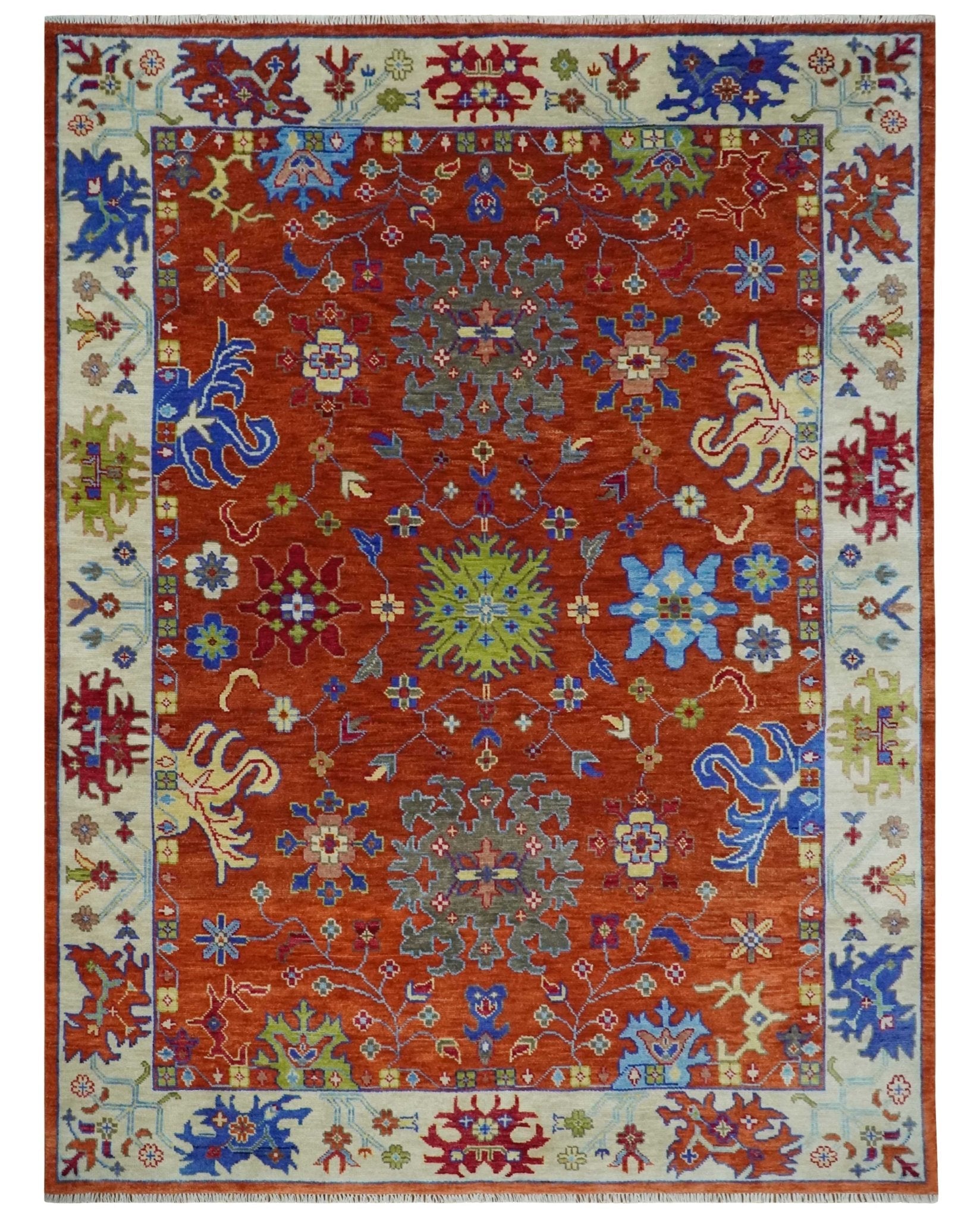 Custom Made Red and Ivory colorful Hand knotted Traditional Oushak Multi Size Wool Area Rug, Kids, Living Room and Bedroom Rug