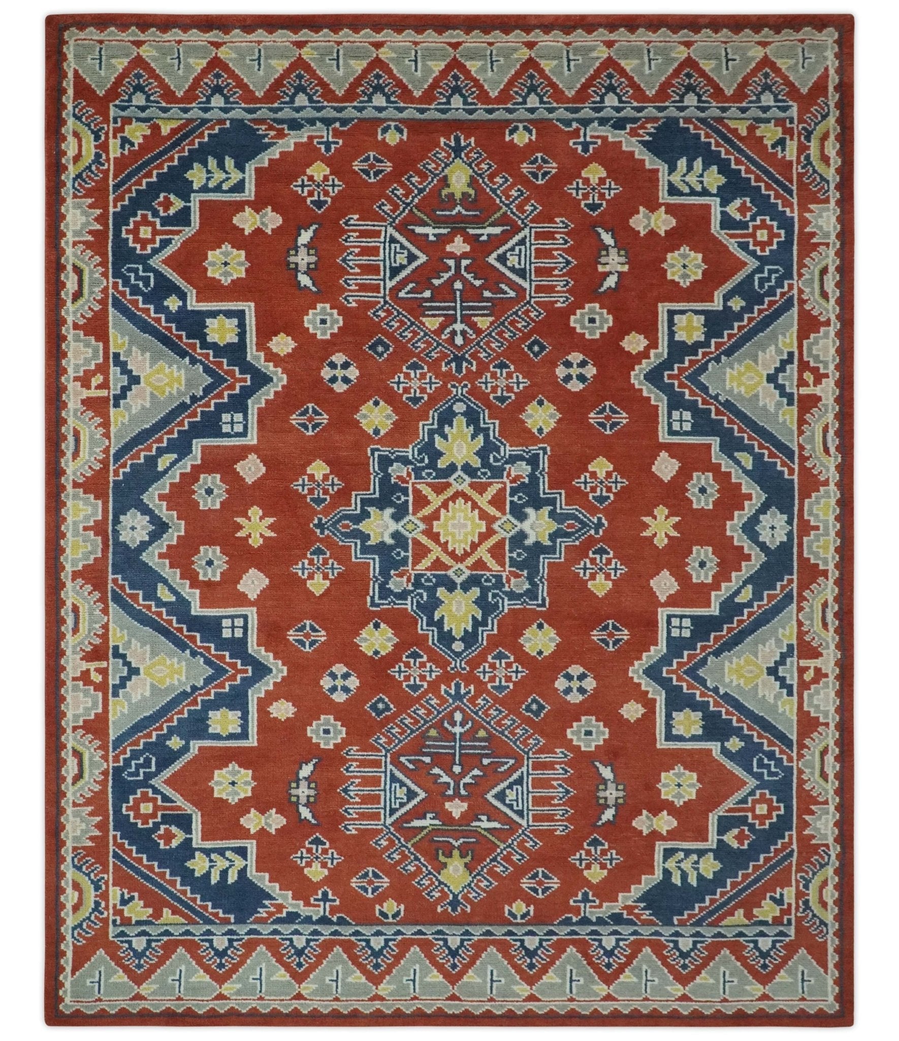 Custom Made Red, Blue, Gray and Mustard Traditional Hand knotted wool Area Rug