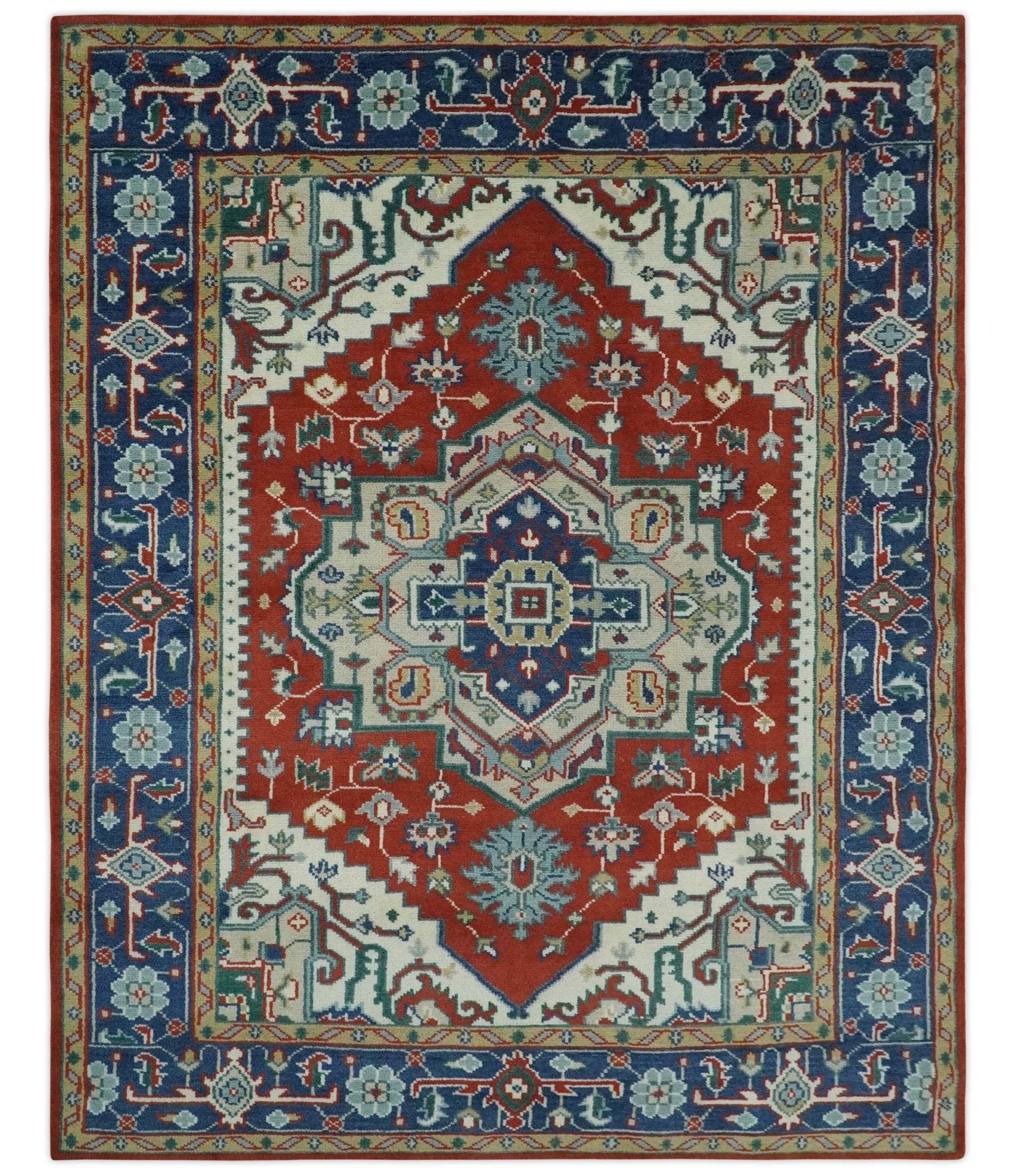 Custom Made Traditional Rust, Ivory and Blue Heriz Medallion Wool Area Rug