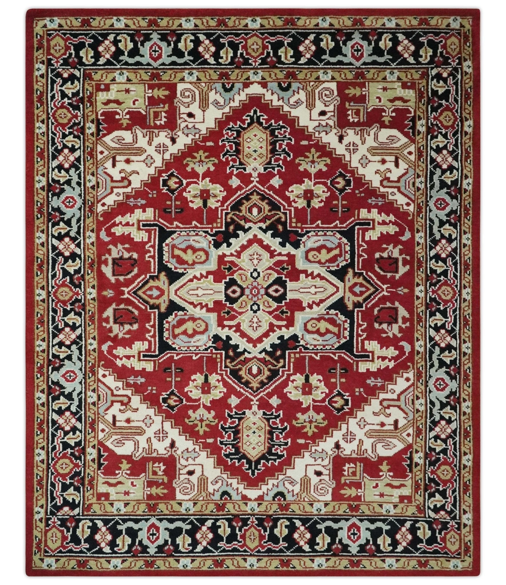 Custom Made Traditional Heriz Rust, Ivory, Black and Beige Hand knotted Medallion Wool Area Rug