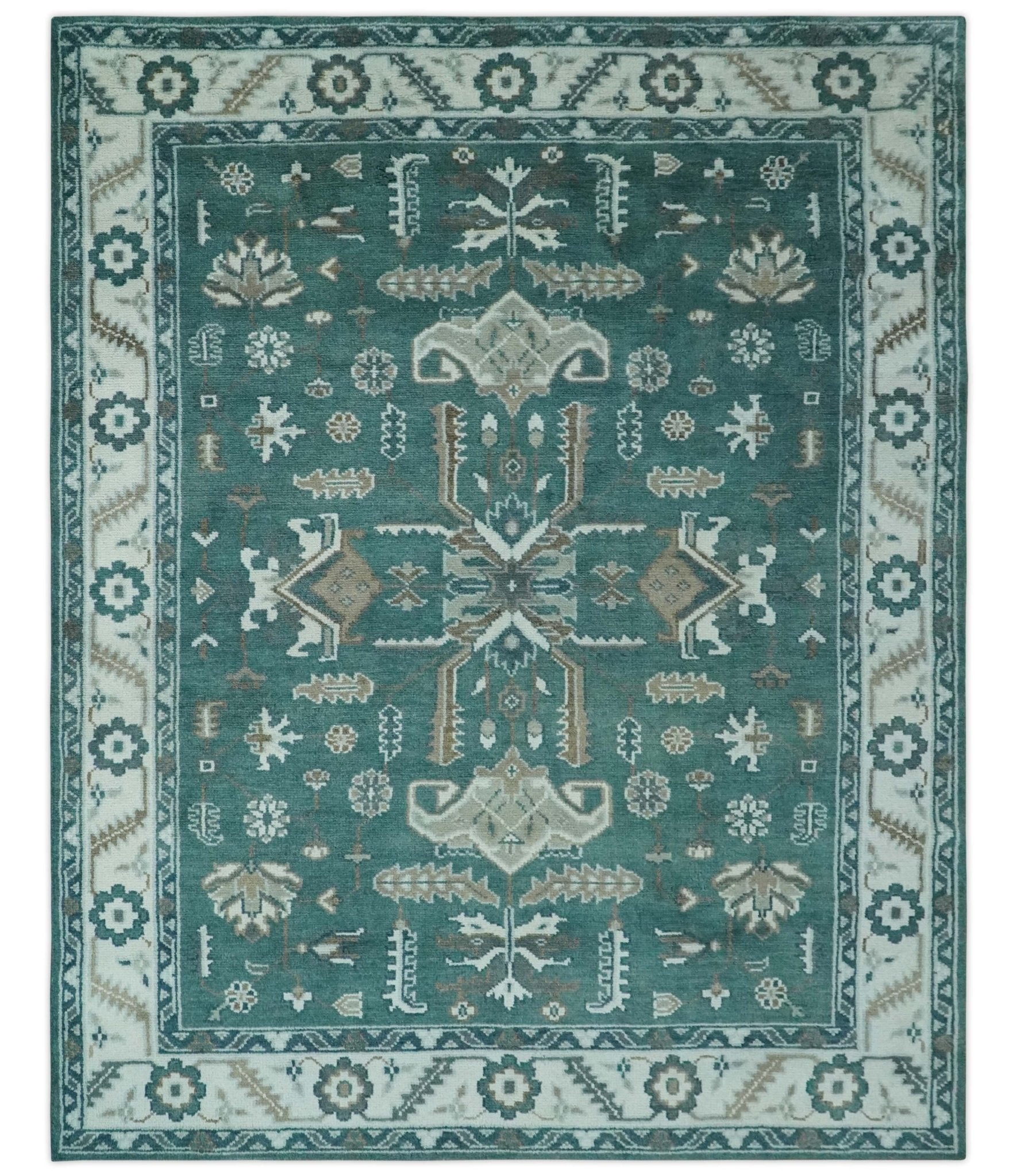 Custom Made Traditional Mamluk Design Teal, Ivory and Brown Hand Knotted wool Area Rug