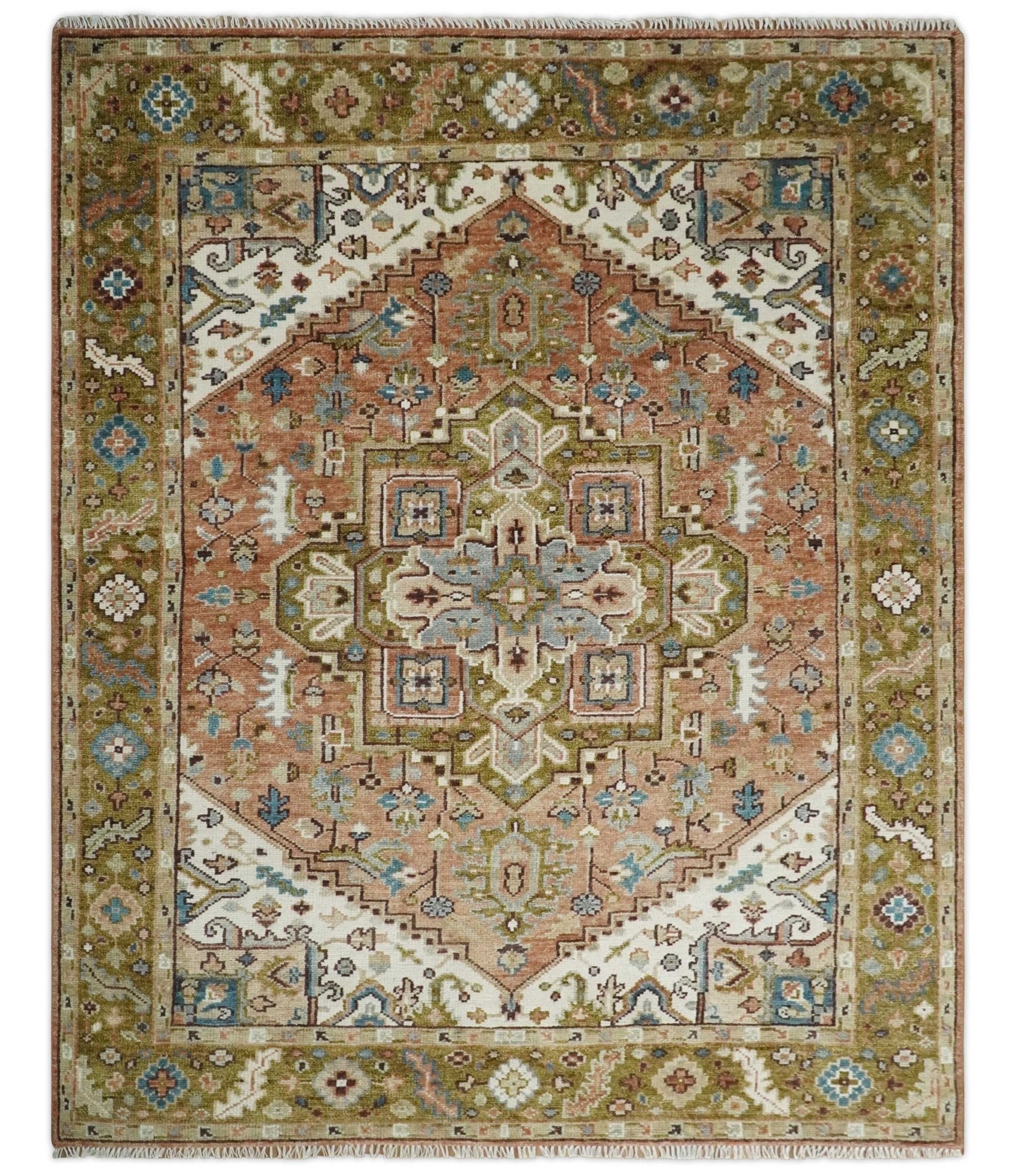 Custom Made Vintage Style Olive, Rust and Ivory Hand knotted Traditional wool Area Rug