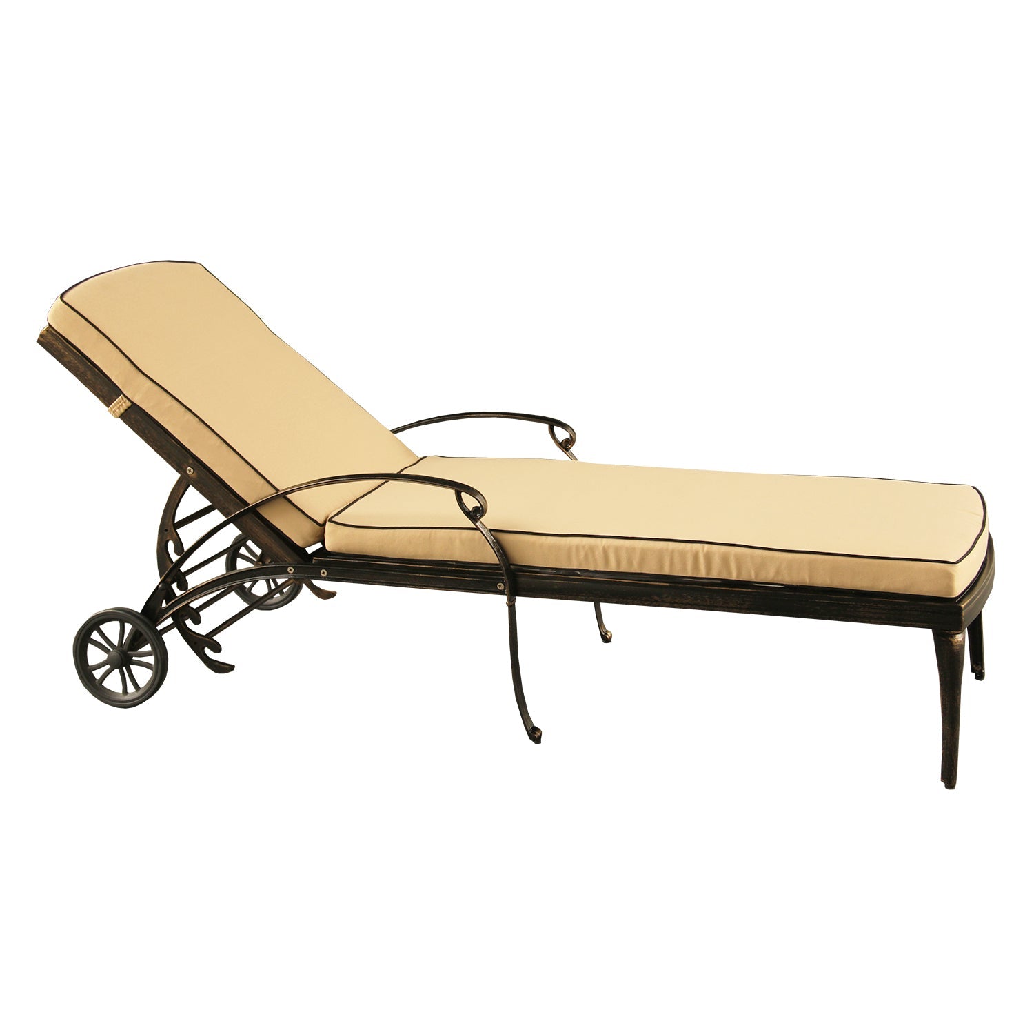 Modern Aluminum Bronze Patio Chaise Lounge with Wheels and Cushion