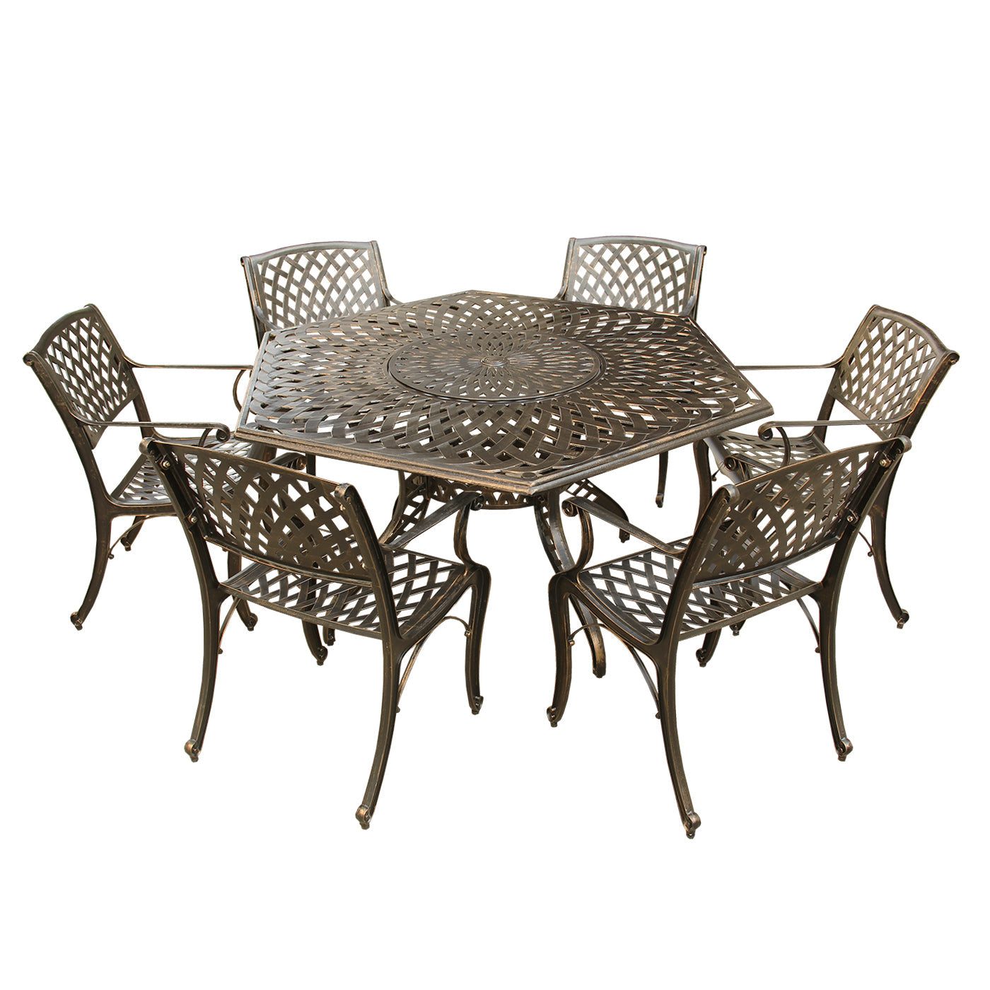 Outdoor Aluminum 7pc Hexagon Patio Dining Set, Lazy Susan, Six Chairs