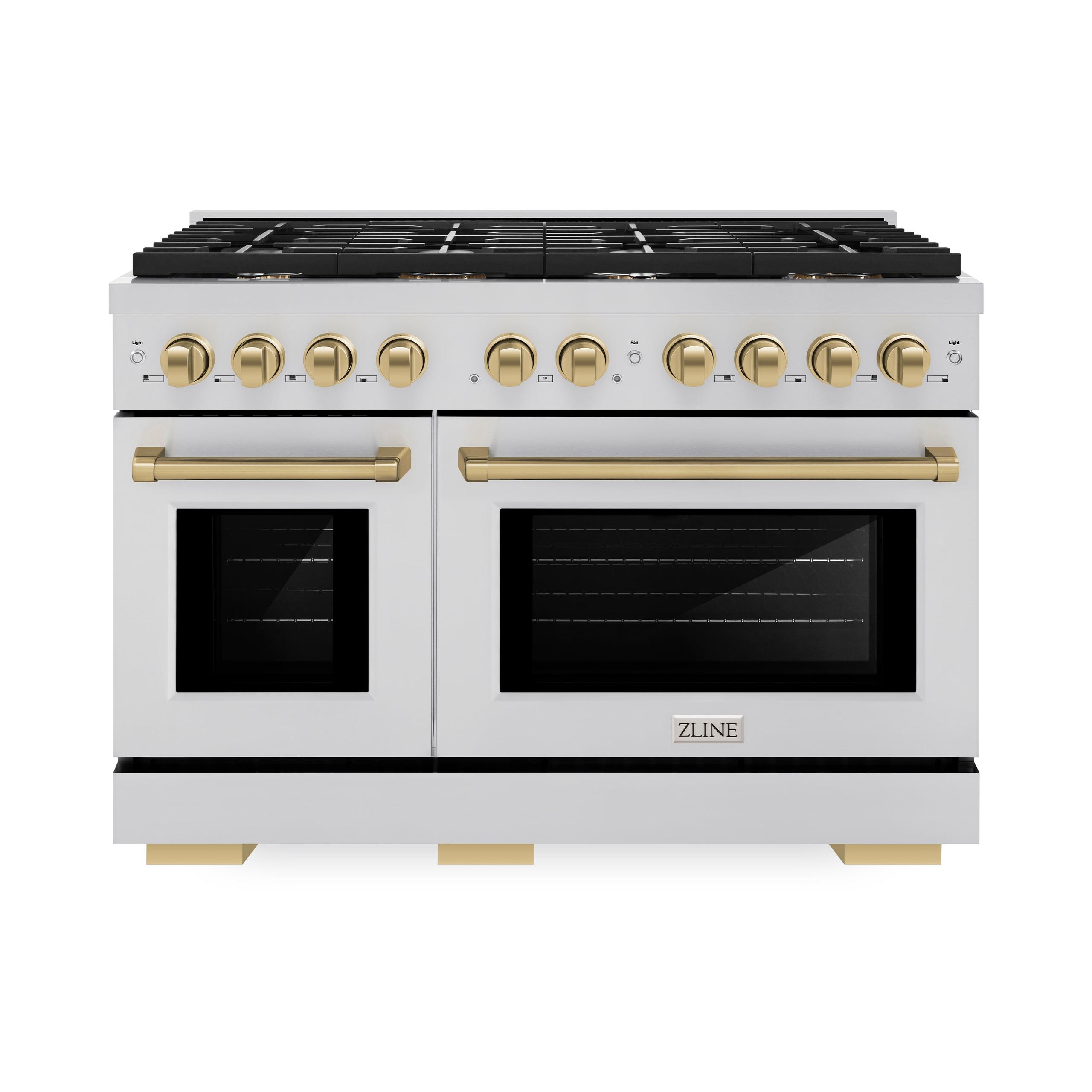 ZLINE Autograph Edition 48 in. 6.7 cu. ft. Paramount Double Oven Gas Range with 8 Burner Cooktop in Stainless Steel and Champagne Bronze Accents (SGRZ-48-CB)