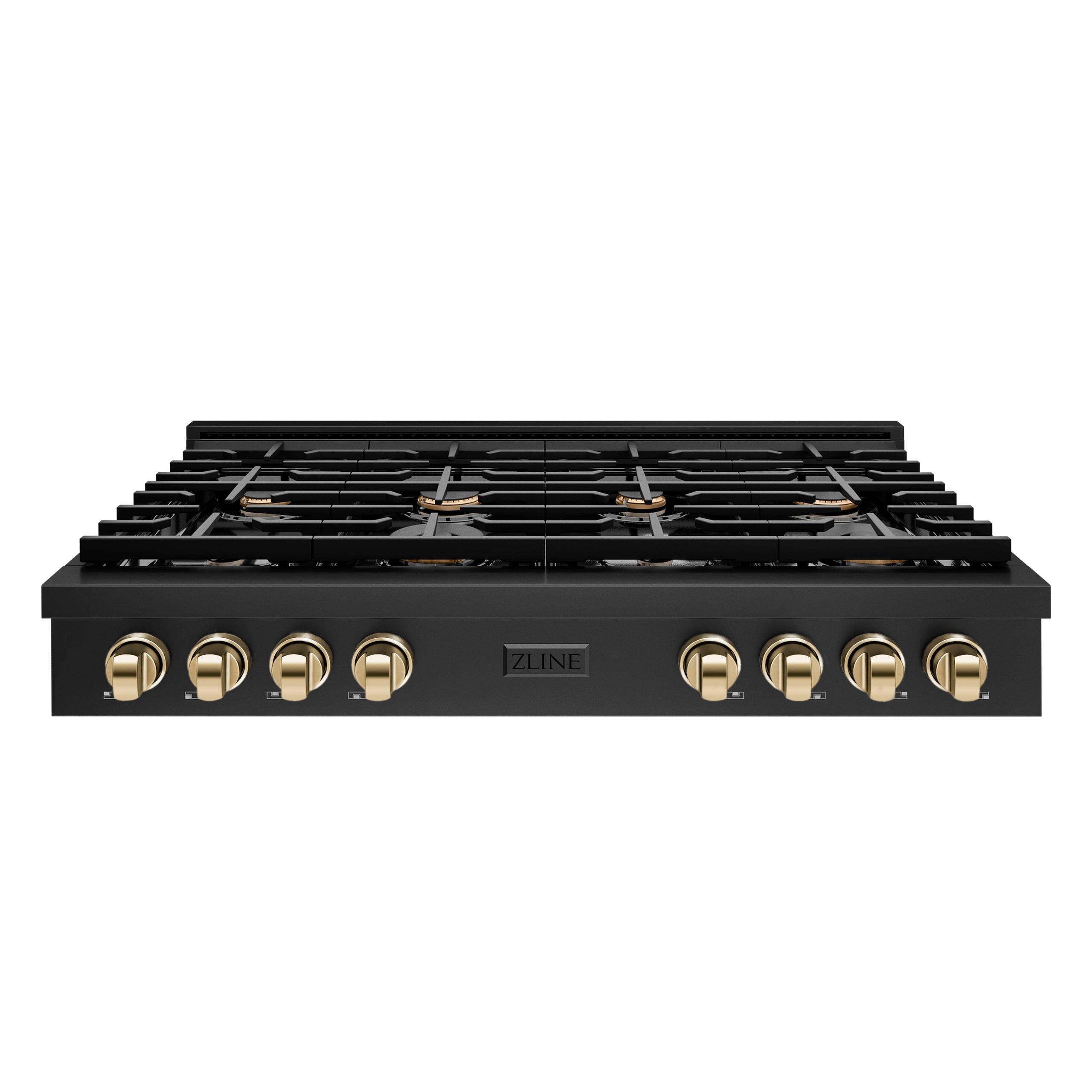 ZLINE 48 in. Autograph Edition Paramount Gas Rangetop with 8 Burners and Porcelain Cooktop in Black Stainless Steel with Polished Gold Accents (SRTBZ-48-G)