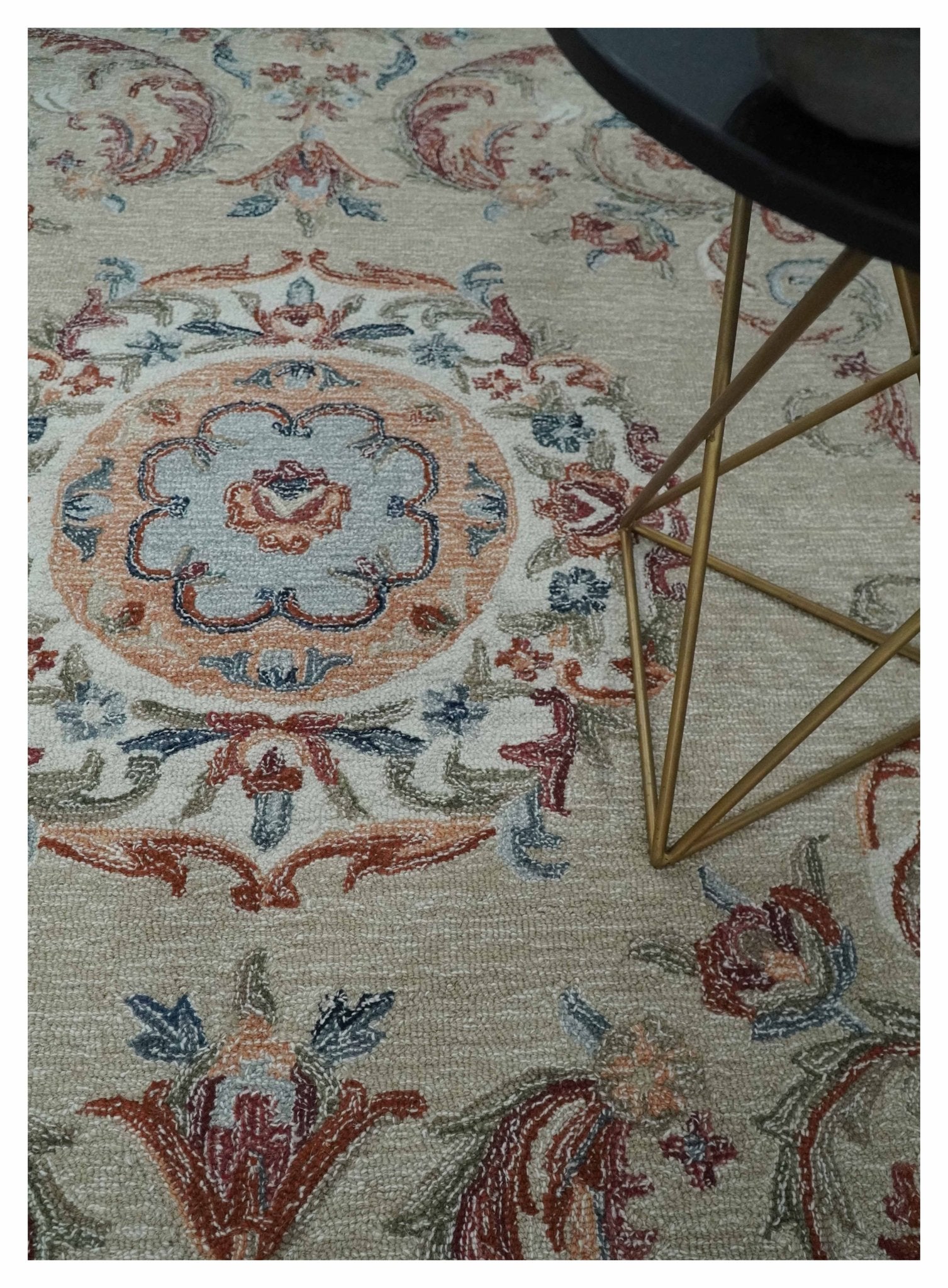 French Inspired Aubusson design Custom Made Beige, Brown and Blue Hand Tufted wool Area Rug