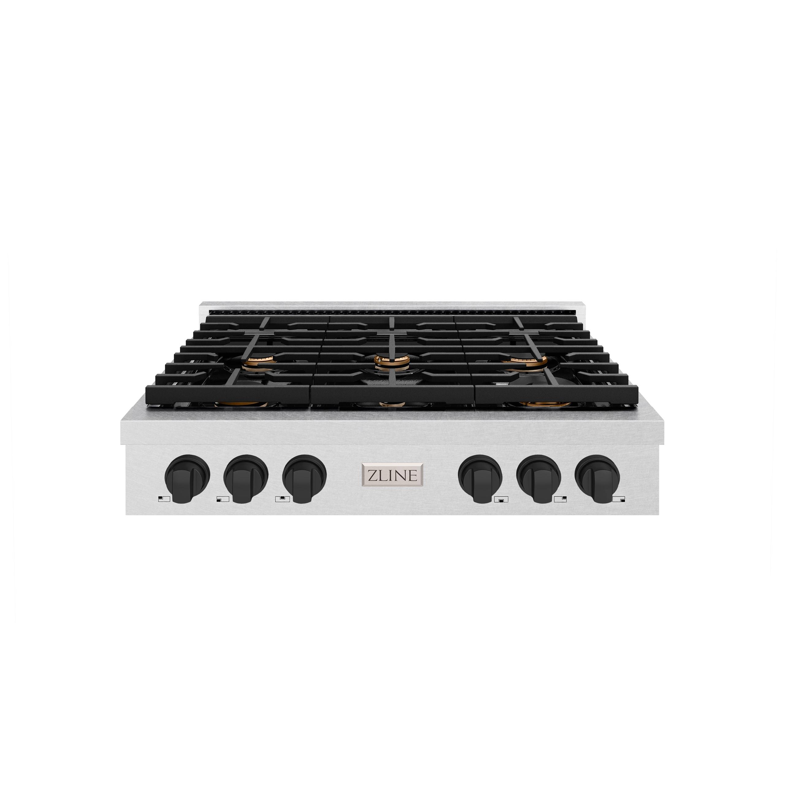 ZLINE 36 in. Autograph Edition Paramount Gas Rangetop with 6 Burners and Porcelain Cooktop in DuraSnow’ Stainless Steel with Matte Black Accents (SRTSZ-36-MB)