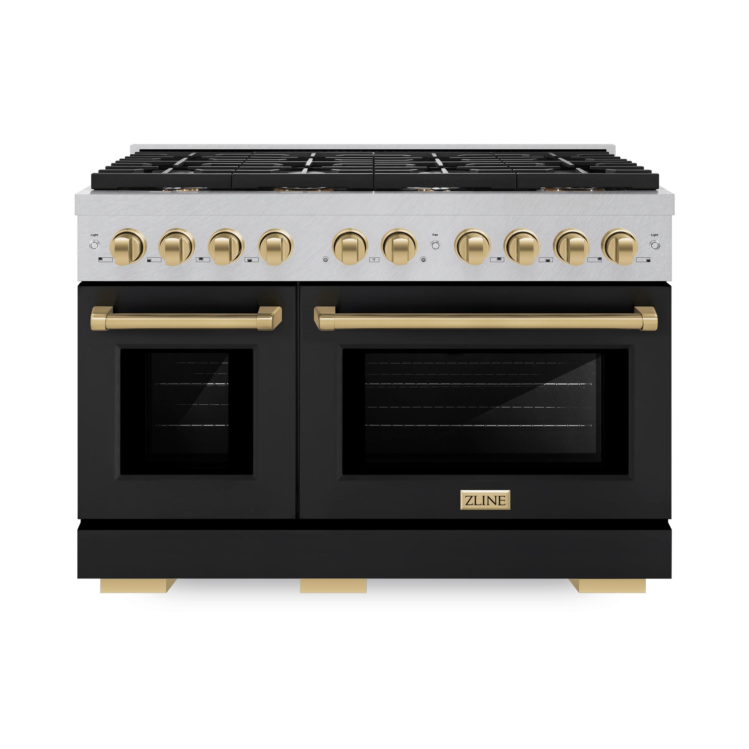 ZLINE Autograph Edition 48 in. 6.7 cu. ft. Paramount Double Oven Gas Range with 8 Burner Cooktop in DuraSnow’ Stainless Steel with Black Matte Doors and Champagne Bronze Accents (SGRSZ-BLM-48-CB)