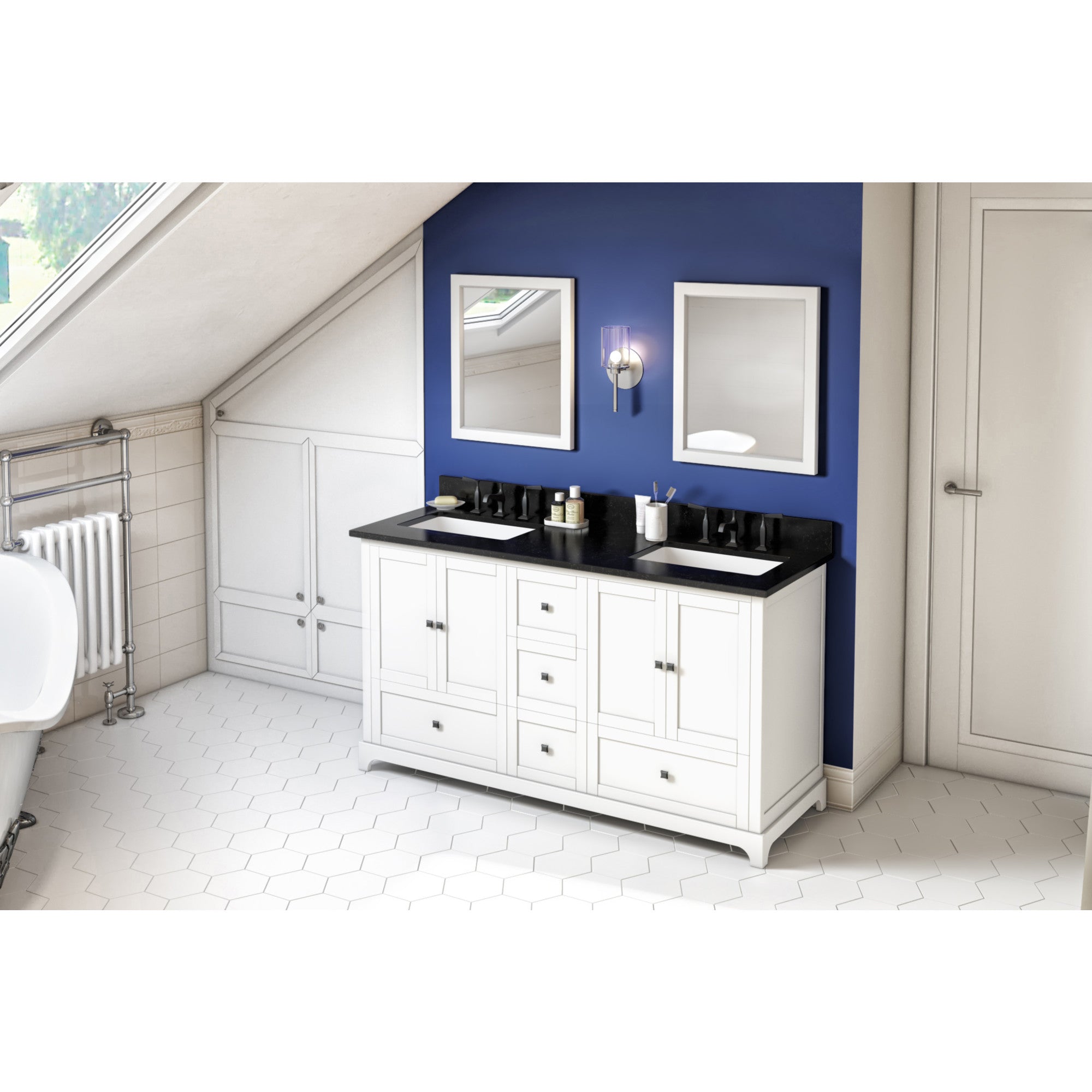 JEFFREY ALEXANDER VKITADD60WHBGR 60″ White Addington Vanity, double bowl, Black Granite Vanity Top, two undermount rectangle bowls – White