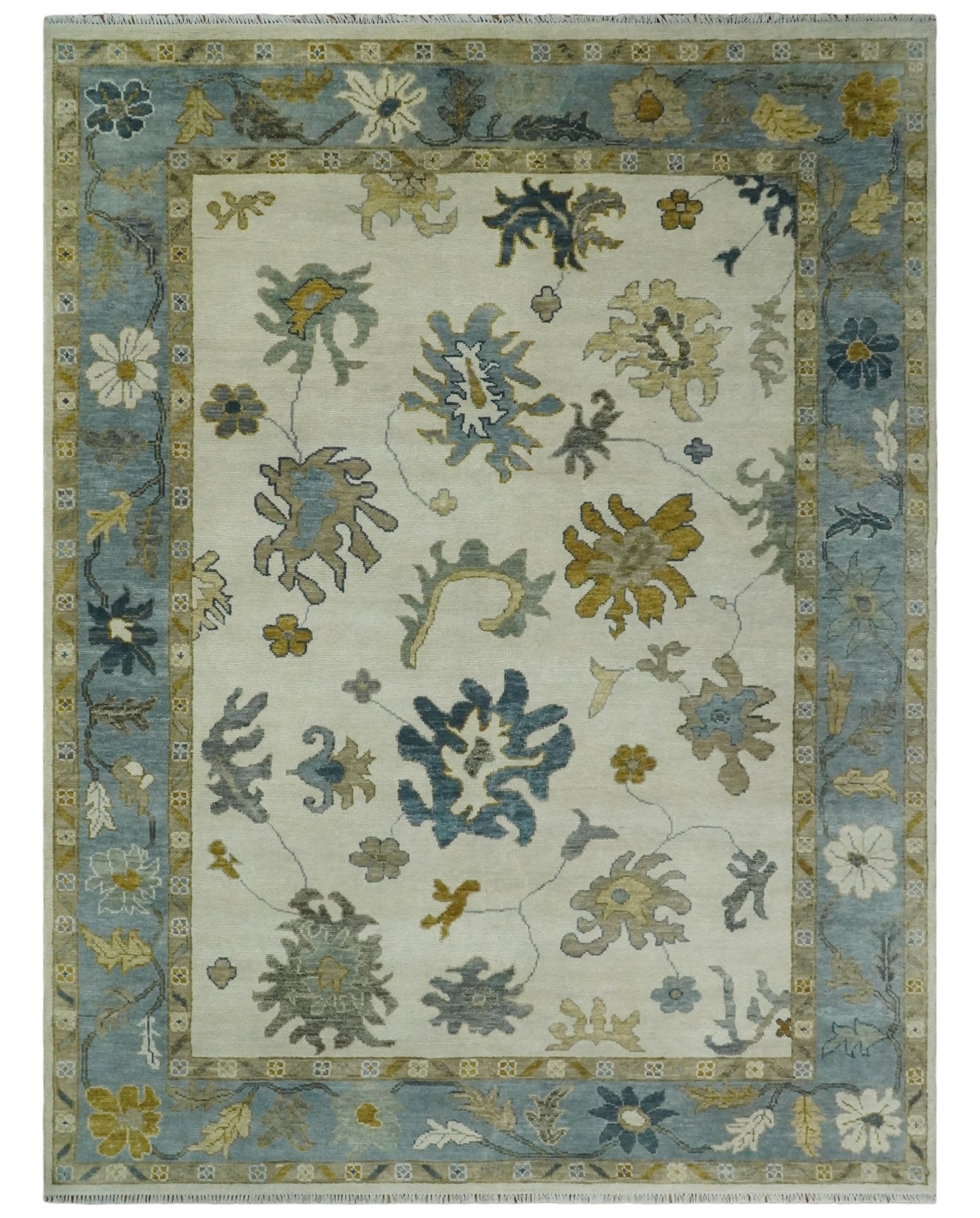 Hand Knotted Ivory, Silver and Blue Traditional Oushak Custom Made Wool Area Rug