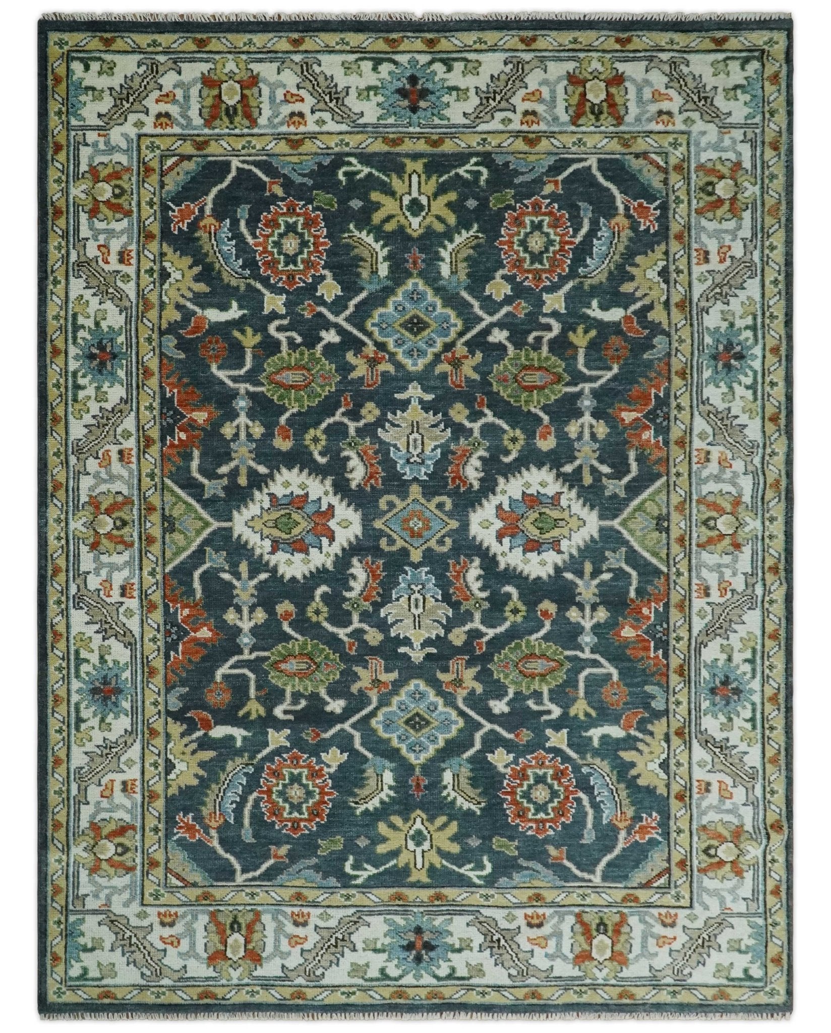 Teal and Ivory Traditional Hand Knotted Oriental Oushak Custom Made Wool Area Rug