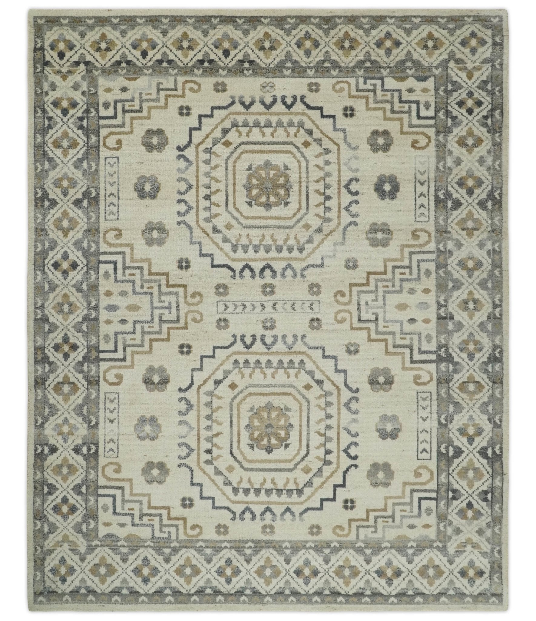 Hand Knotted Ivory, Gray and Beige Traditional Medallion Natural Wool Custom Made Area Rug, Kids, Living Room and Bedroom Rug