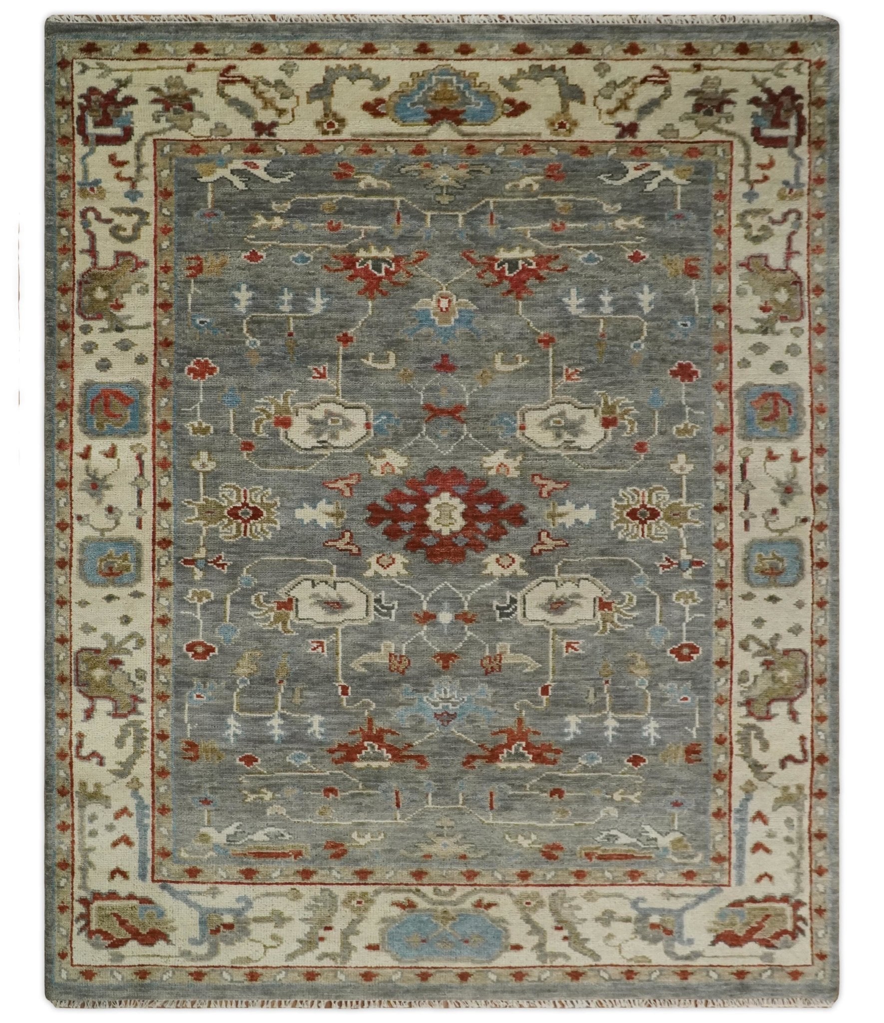 Hand Knotted Living Room Rug Charcoal, Red and Beige Traditional Vintage Style Custom Made Wool Area Rug