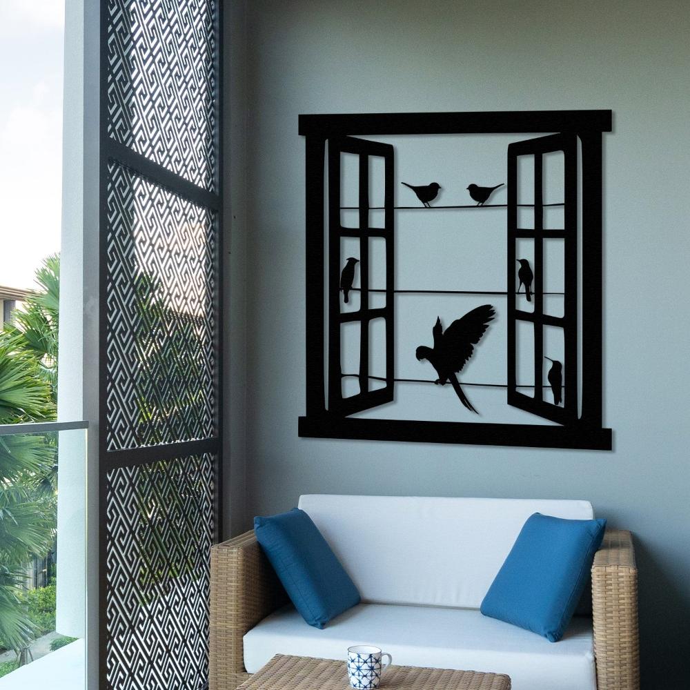 Open Window Design with Birds Silhouette Metal Wall Art