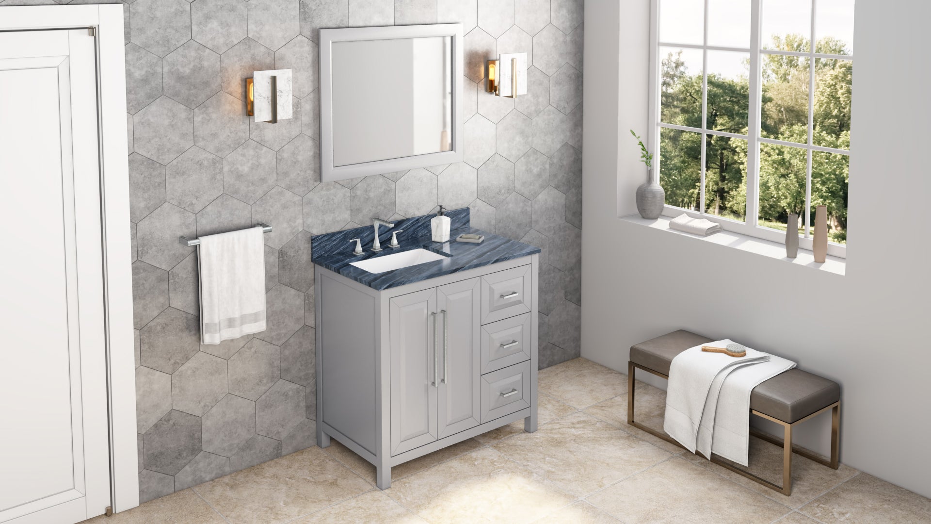 JEFFREY ALEXANDER VKITCAD36GRMGR 36″ Grey Cade Vanity, left offset, Grey Marble Vanity Top, undermount rectangle bowl