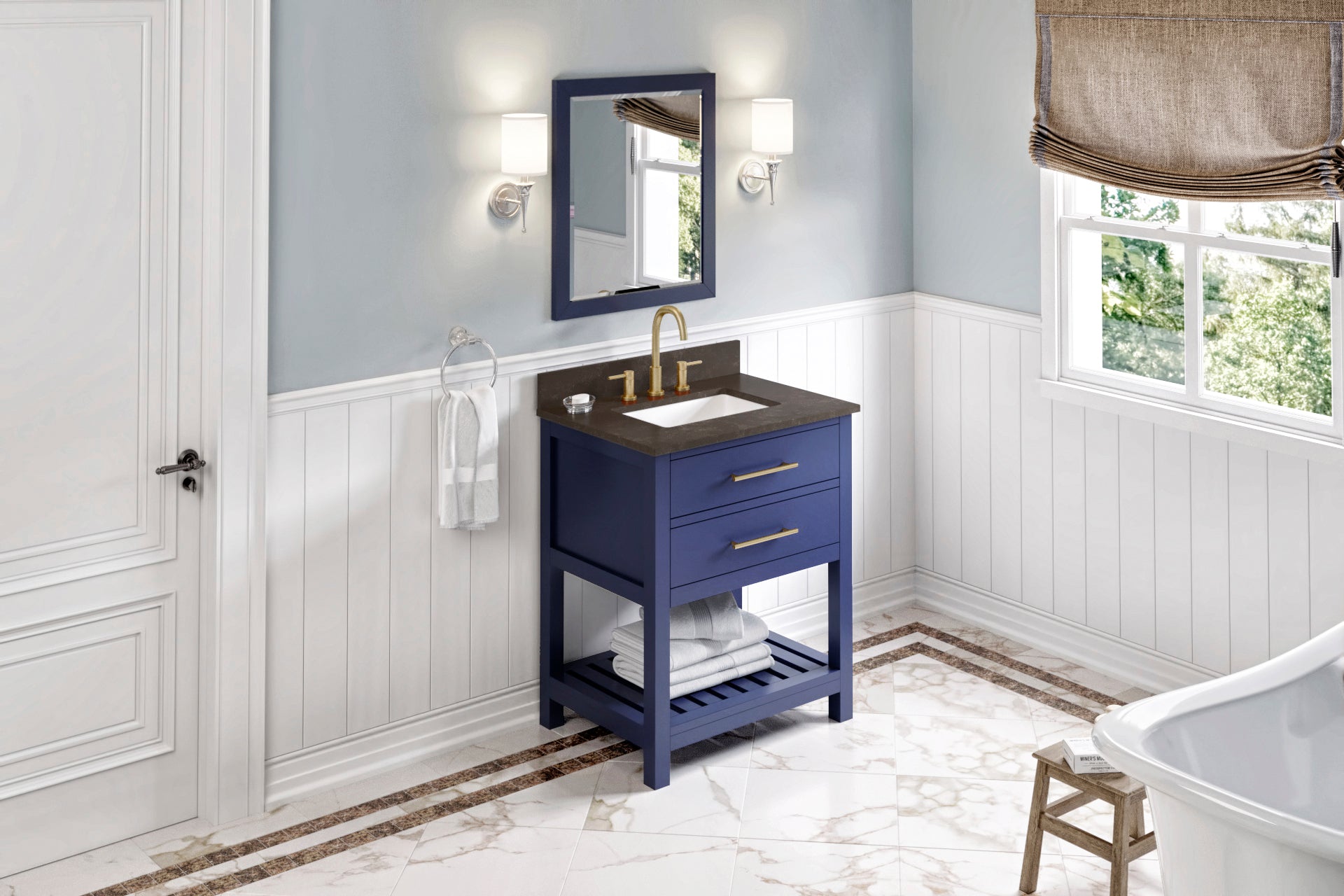 JEFFREY ALEXANDER VKITWAV30BLLSR 30″ Hale Blue Wavecrest Vanity, Blue Limestone Vanity Top, undermount rectangle bowl