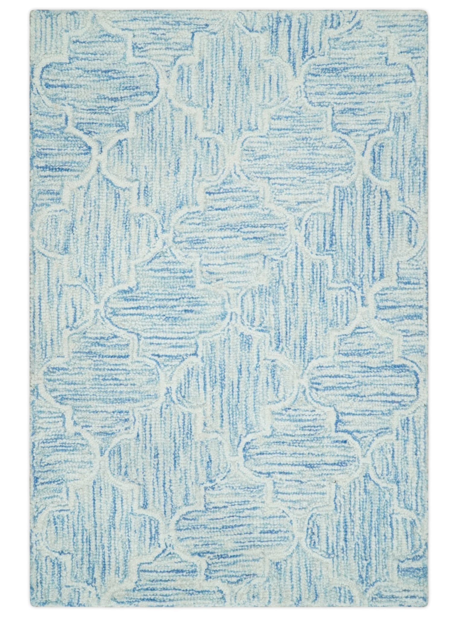 Custom Made Ivory and Blue Modern Geometric Hand Tufted Natural Wool Area Rug