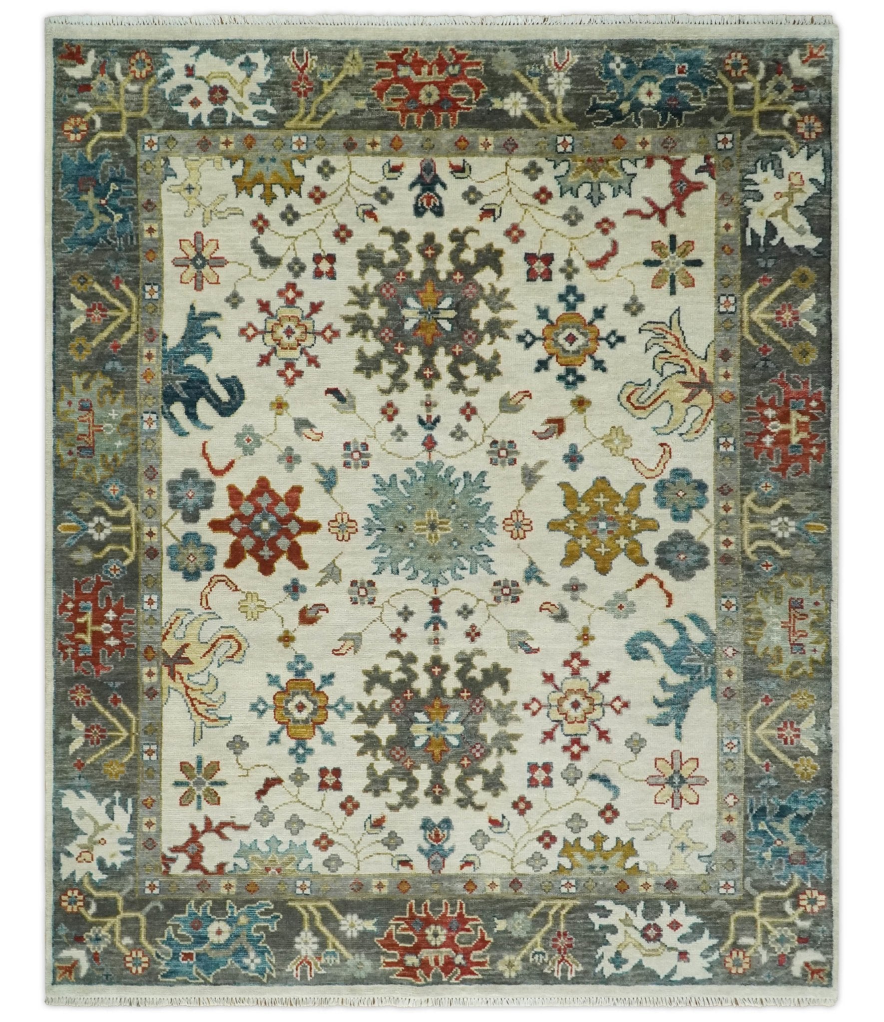 Ivory and Gray Floral Oushak Hand Knotted Custom Made Wool Area Rug