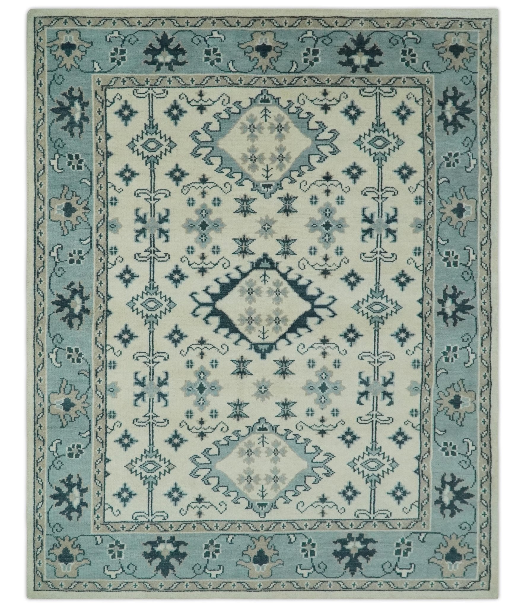 Ivory and Light Blue Traditional Oriental Hand Knotted Custom Made wool area Rug