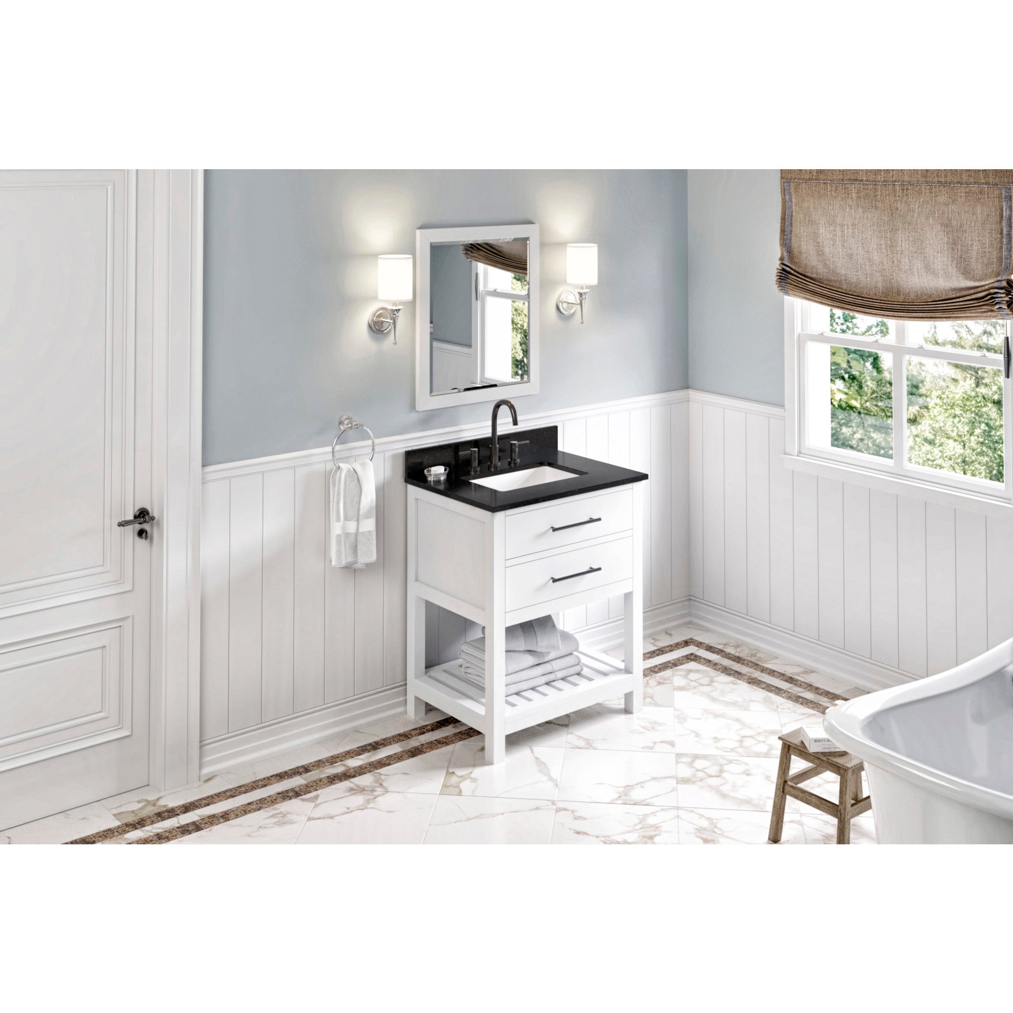 JEFFREY ALEXANDER VKITWAV30WHBGR 30″ White Wavecrest Vanity, Black Granite Vanity Top, undermount rectangle bowl – White