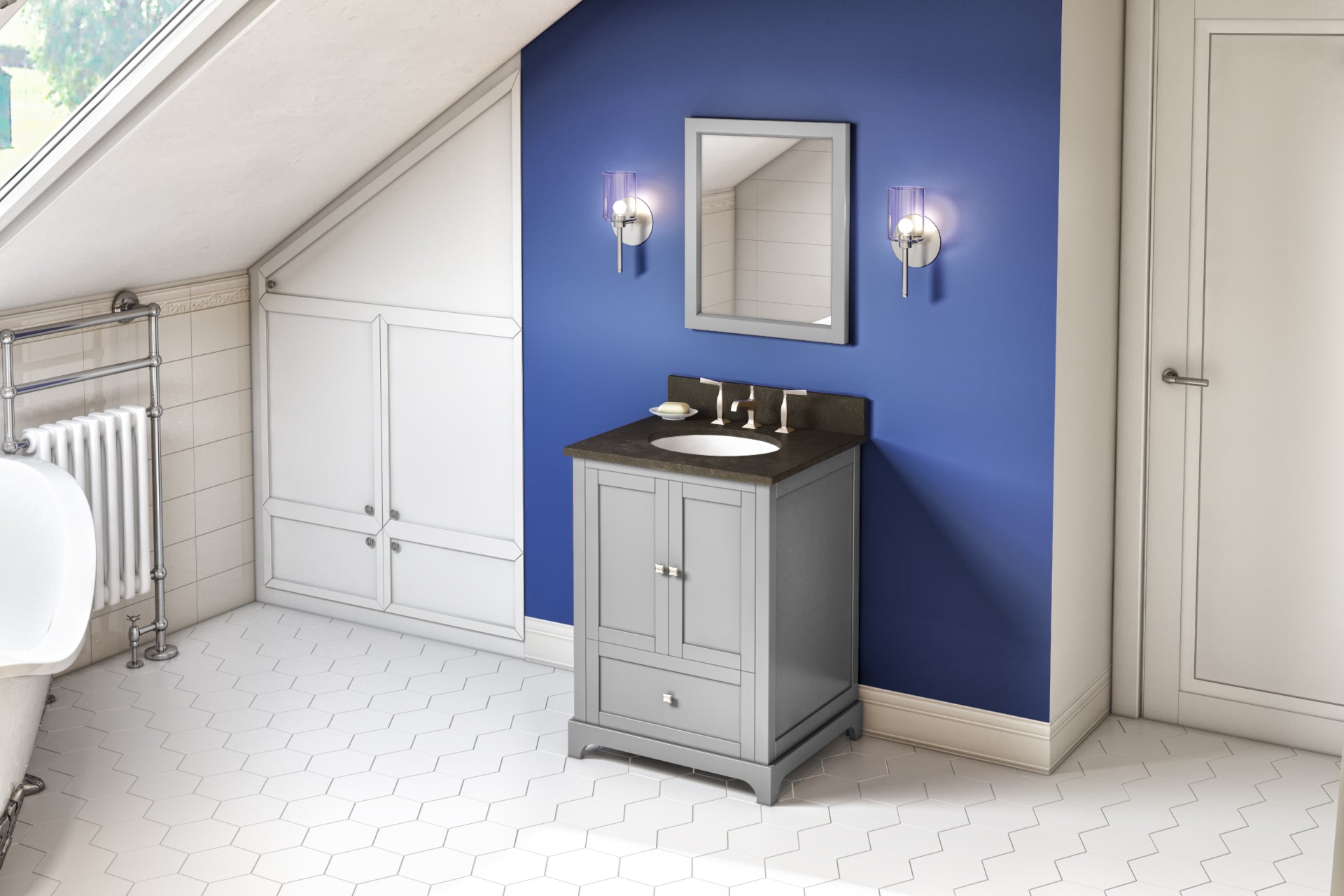 JEFFREY ALEXANDER VKITADD24GRLSO 24″ Grey Addington Vanity, Blue Limestone Vanity Top, undermount oval bowl