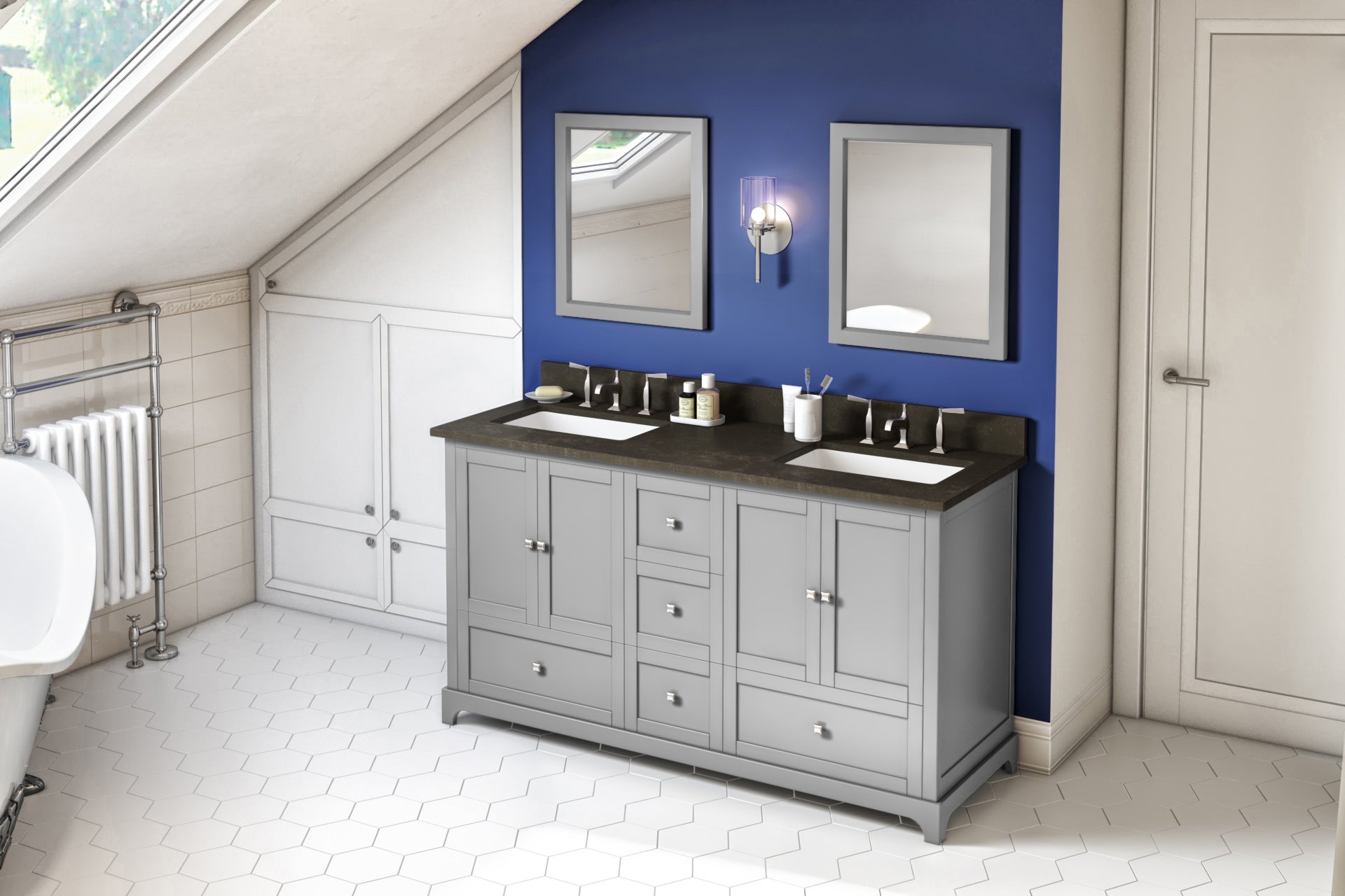 JEFFREY ALEXANDER VKITADD60GRLSR 60″ White Addington Vanity, double bowl, Blue Limestone Vanity Top, two undermount rectangle bowls