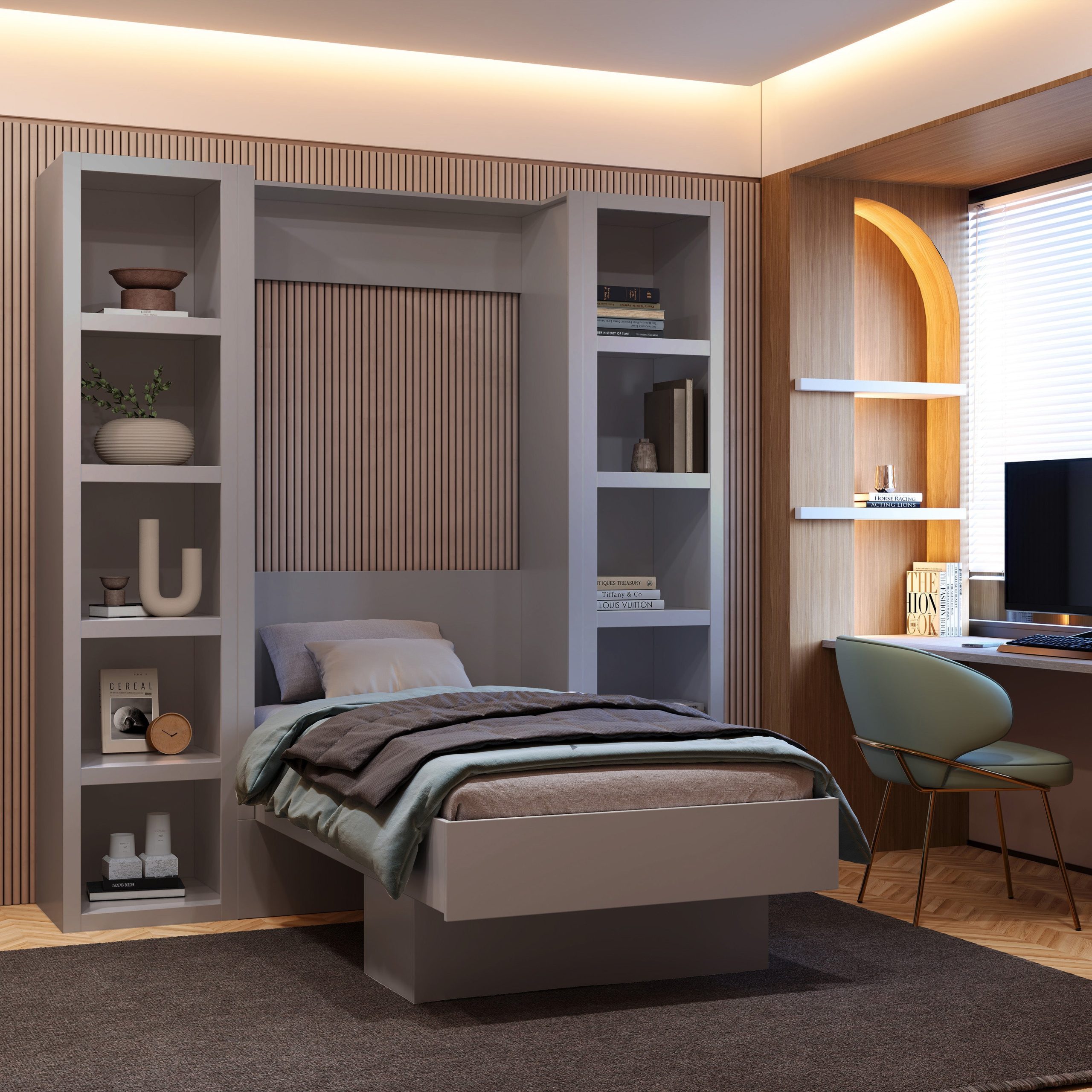 Grey Twin Murphy Bed with Bookshelves