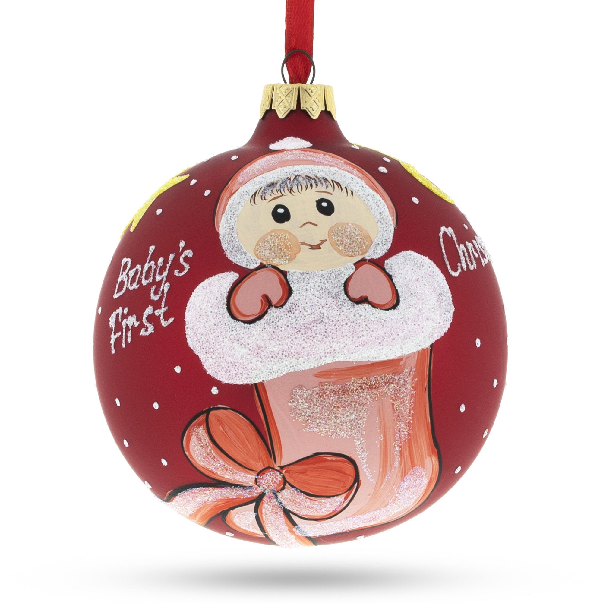 Charming Girl In Festive Christmas Stocking Blown Glass Ball Baby’s First Christmas Ornament 4 Inches