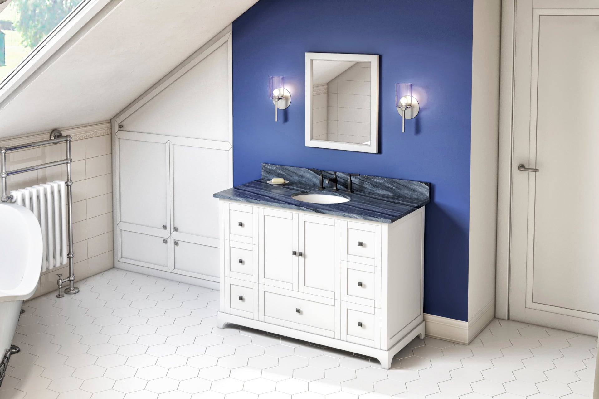 JEFFREY ALEXANDER VKITADD48WHMGO 48″ White Addington Vanity, Grey Marble Vanity Top, undermount oval bowl